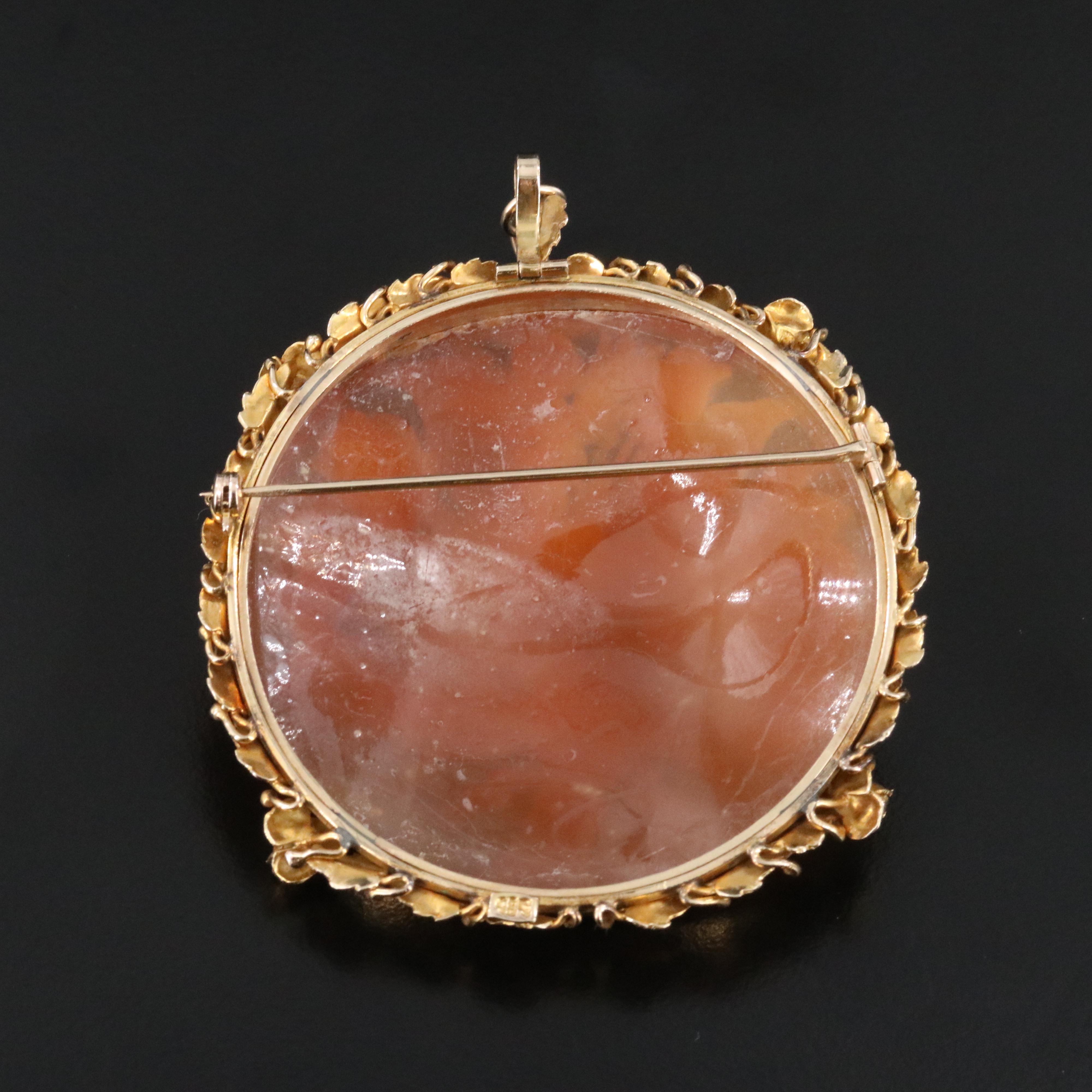 Vintage 14K Shell Floral and Cherub Cameo Converter Brooch