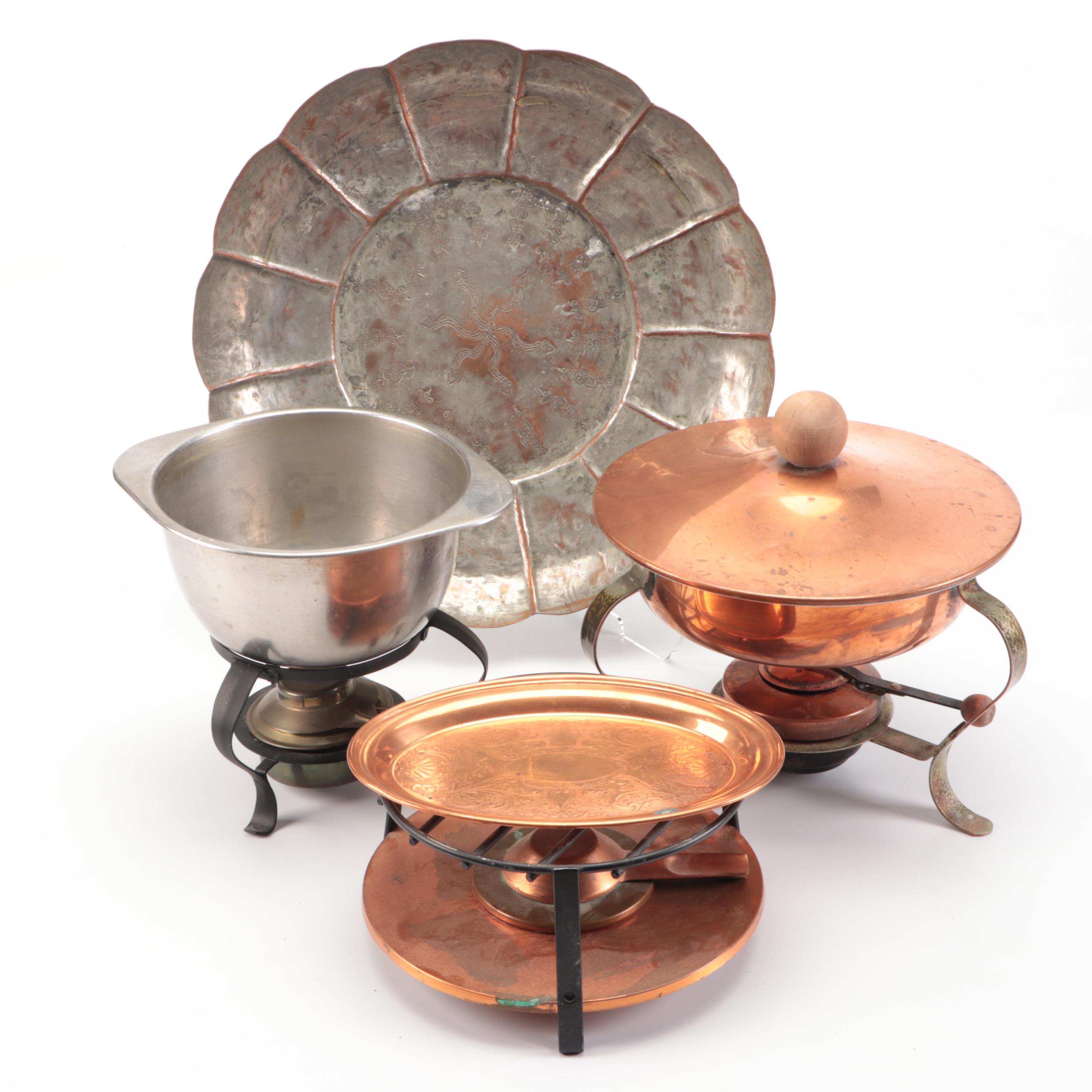 Scalloped Copper Bowl, Copper Chafing Dishes, and More Serveware