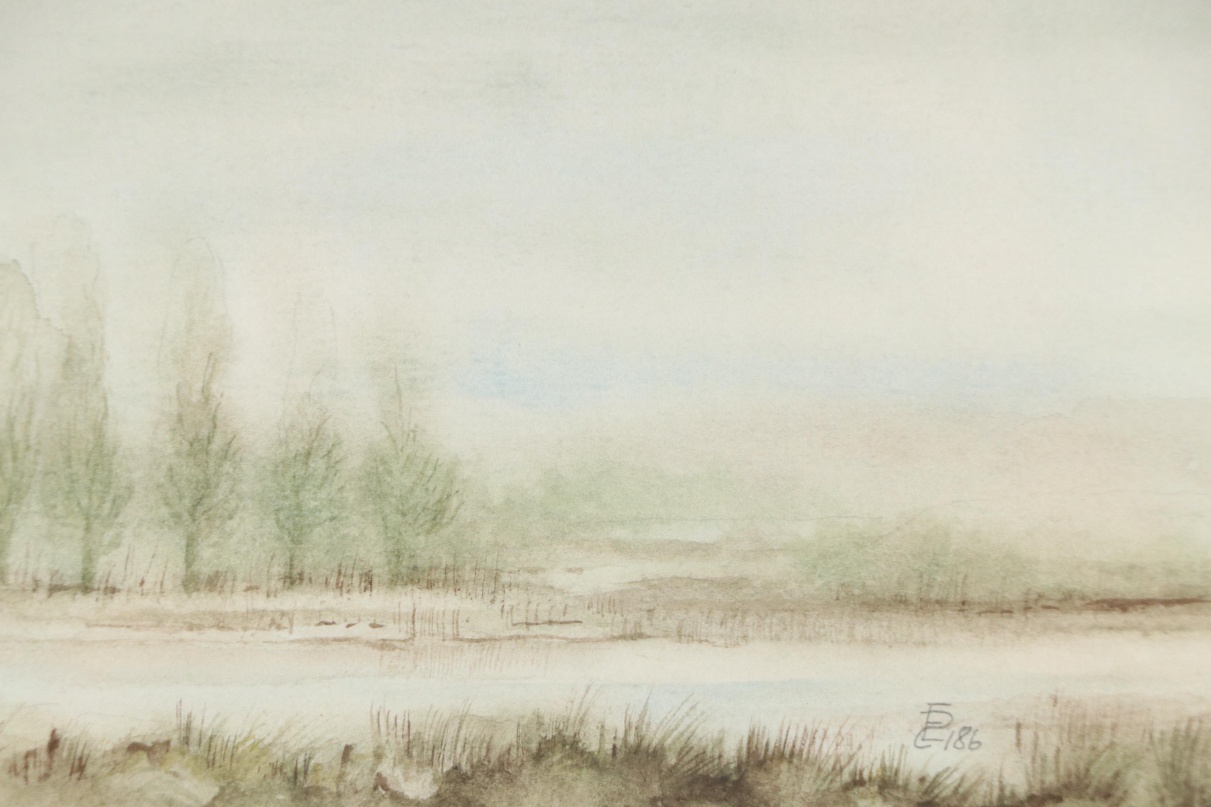 Watercolor Painting of Atmospheric Aquatic Landscape With Trees, 1986