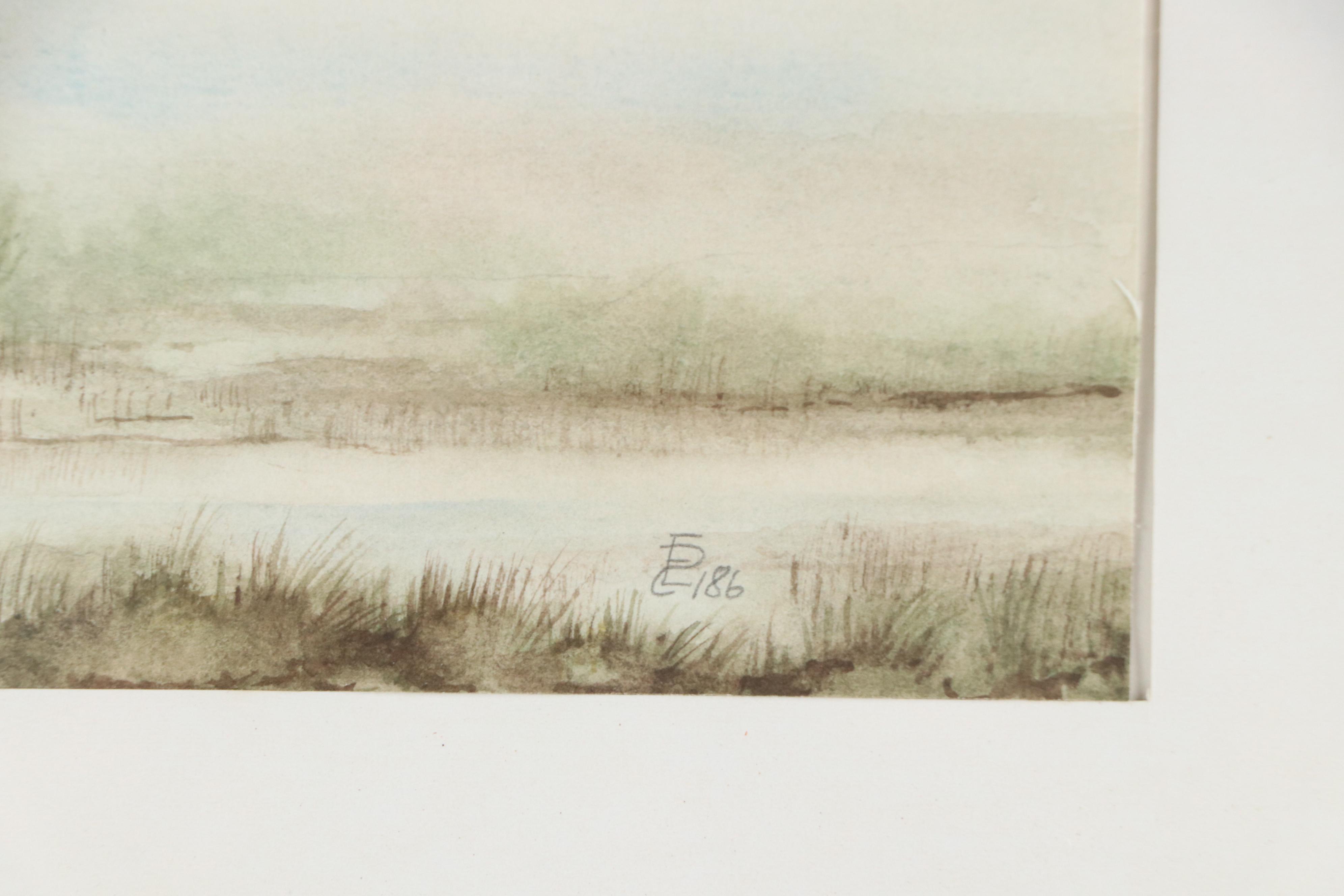 Watercolor Painting of Atmospheric Aquatic Landscape With Trees, 1986