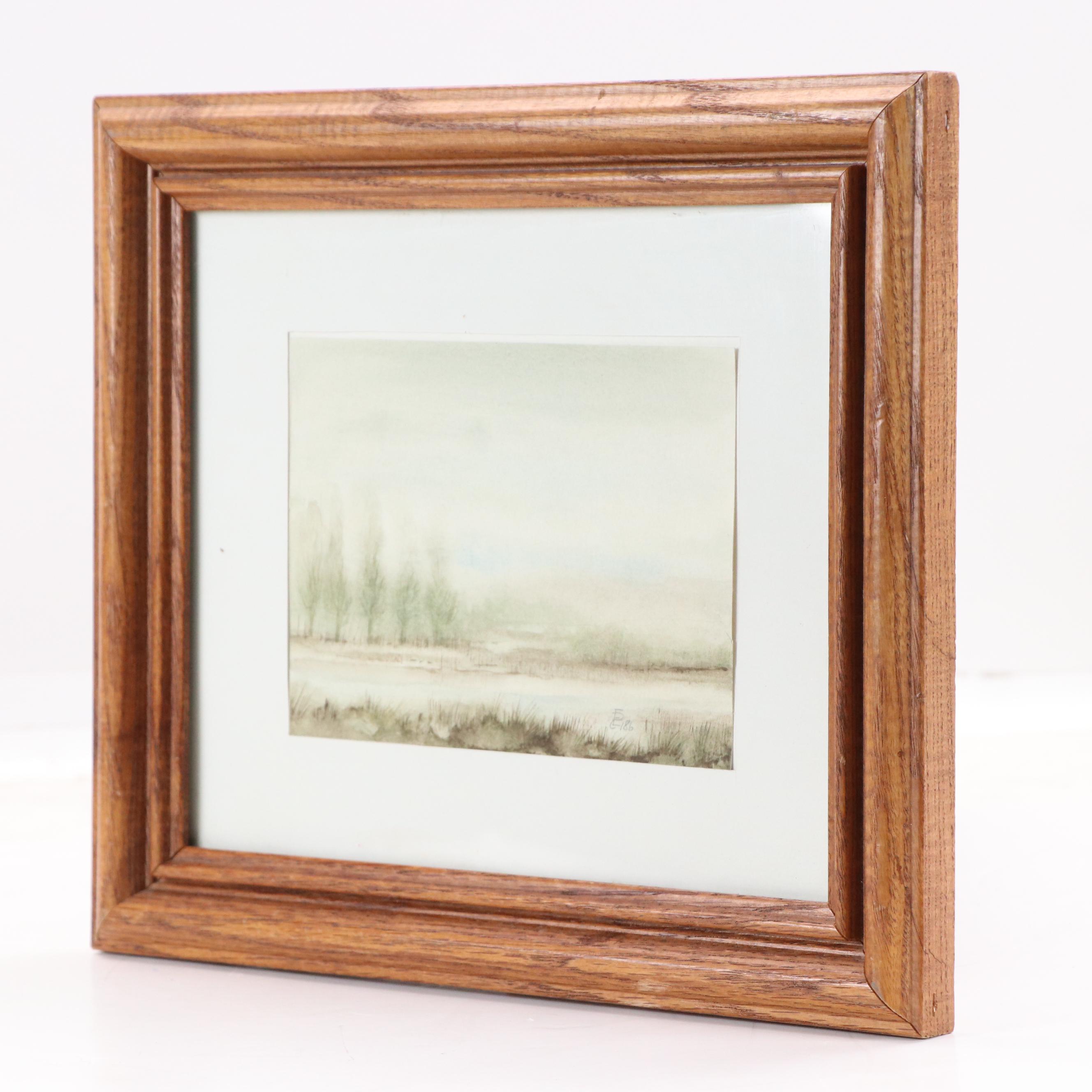 Watercolor Painting of Atmospheric Aquatic Landscape With Trees, 1986