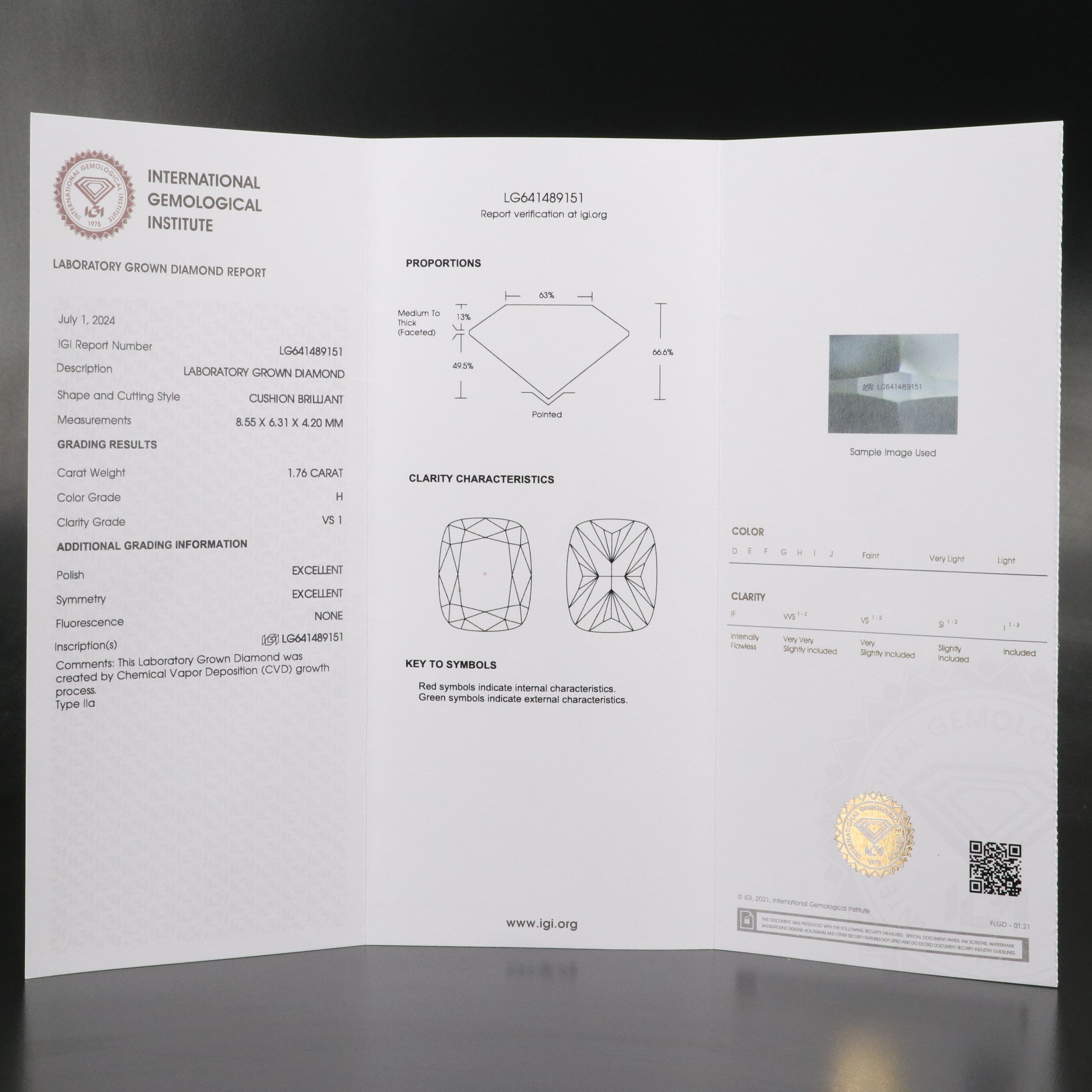 Loose 1.76 CT Lab Grown Diamond with IGI Report