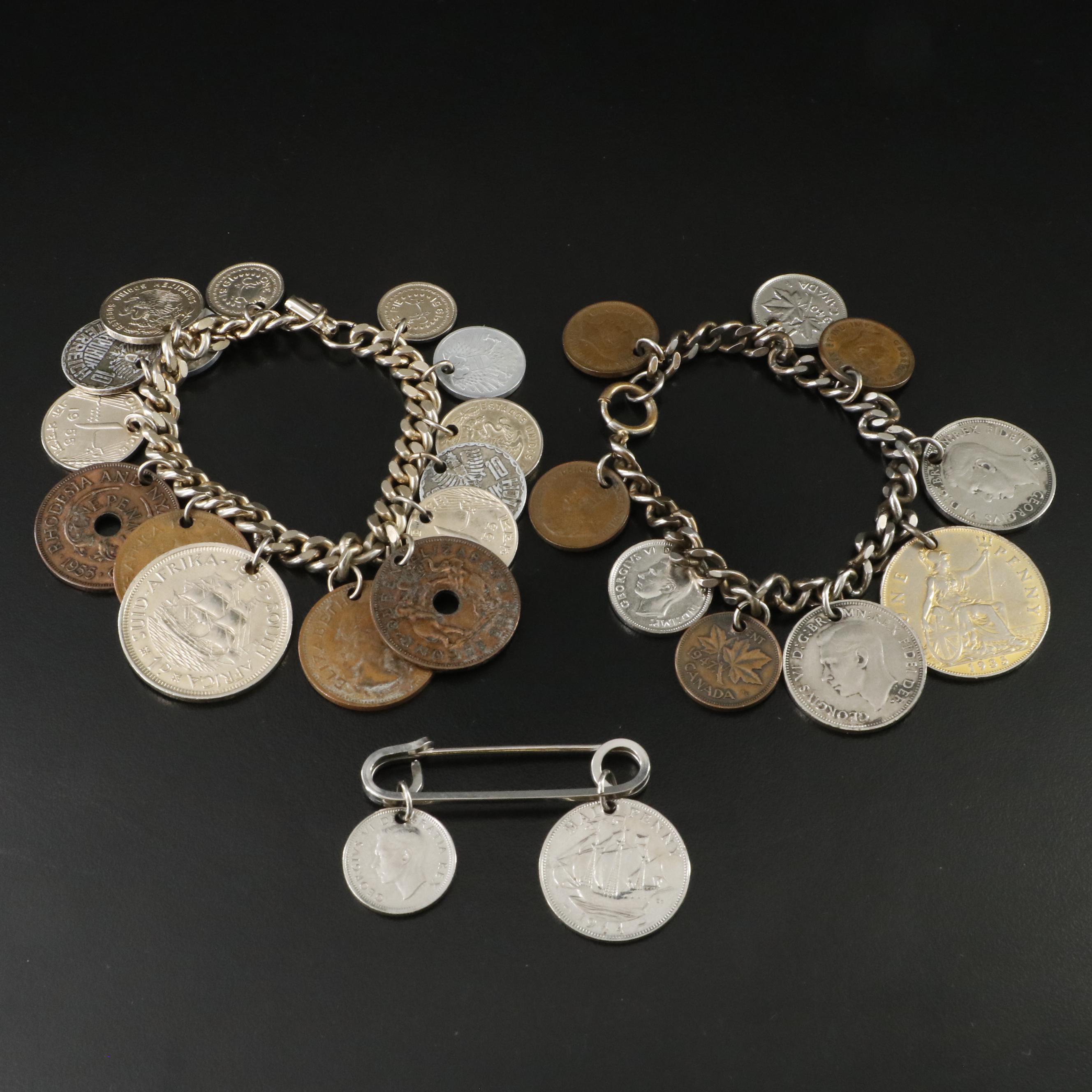 Vintage Foreign Coin Bracelets and Brooch