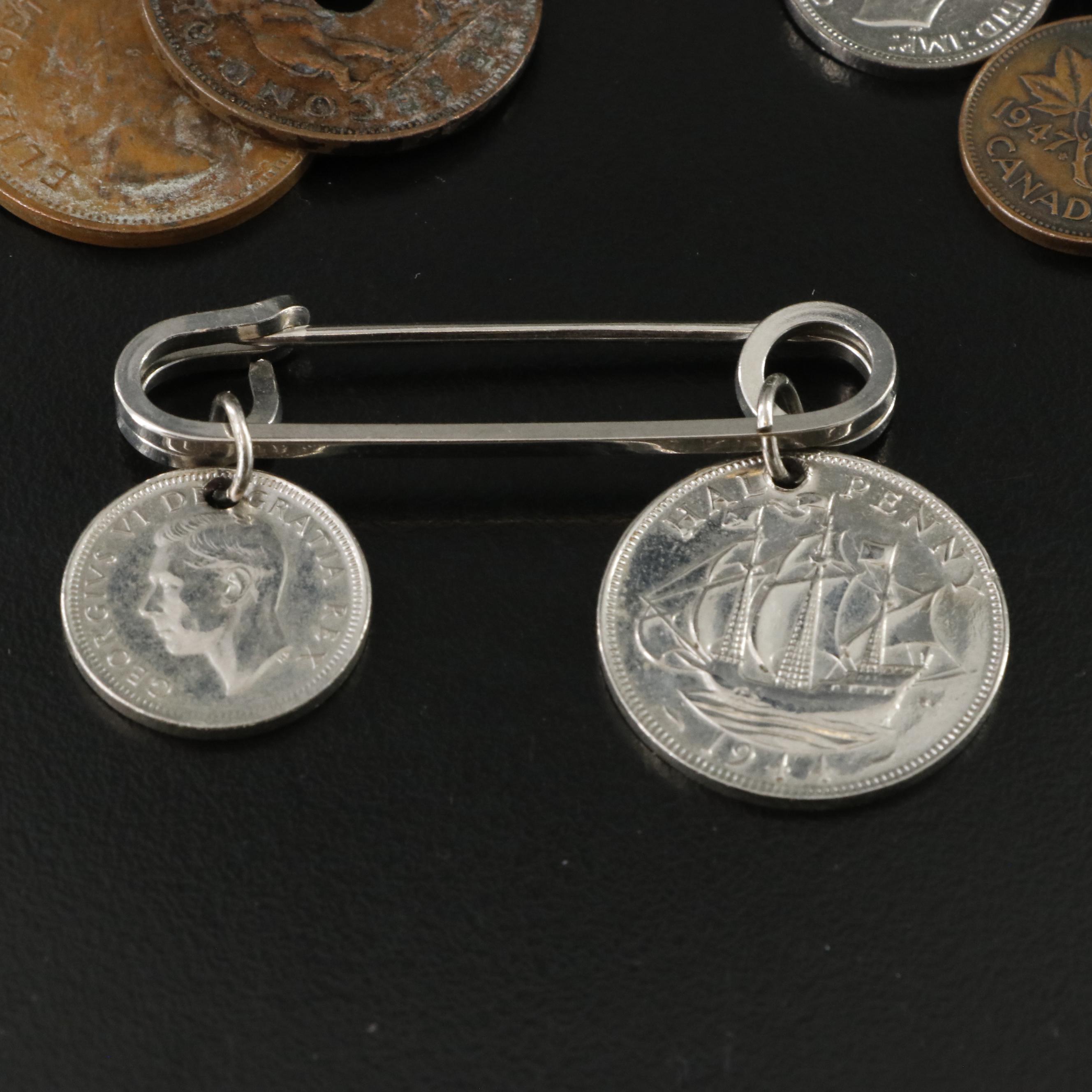 Vintage Foreign Coin Bracelets and Brooch