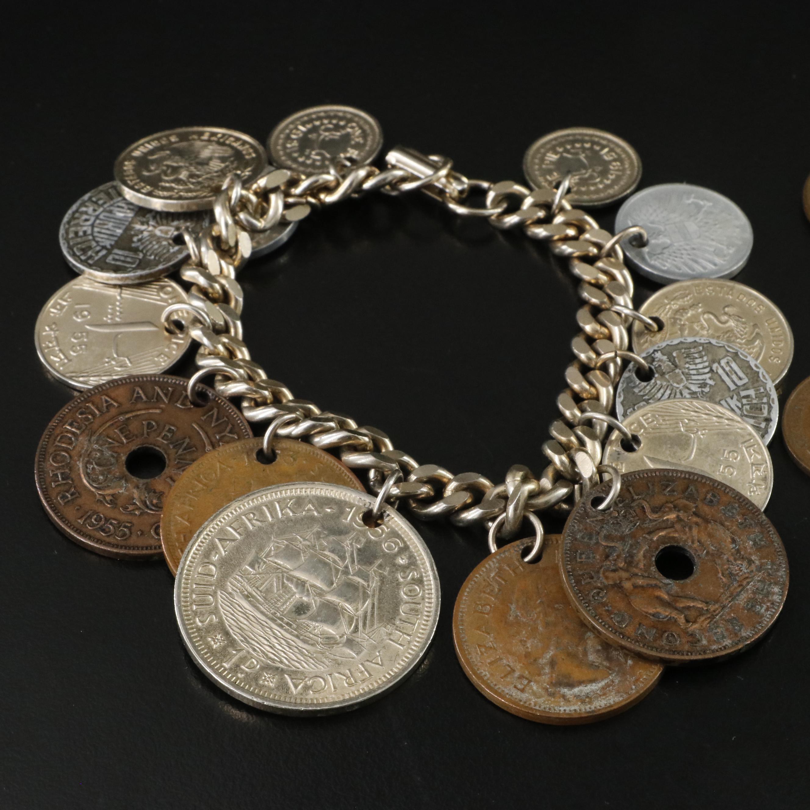 Vintage Foreign Coin Bracelets and Brooch