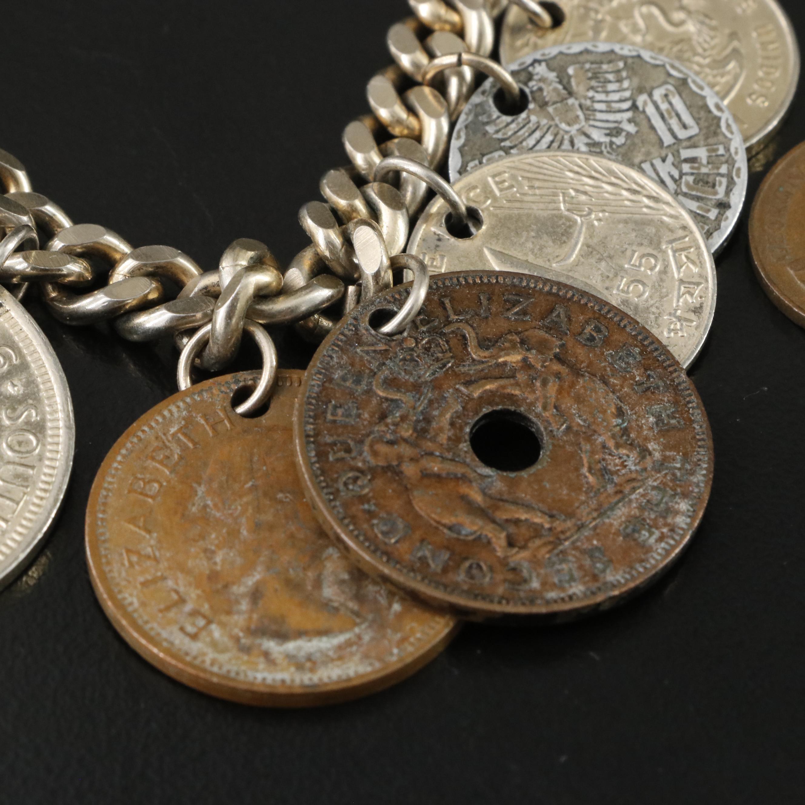 Vintage Foreign Coin Bracelets and Brooch