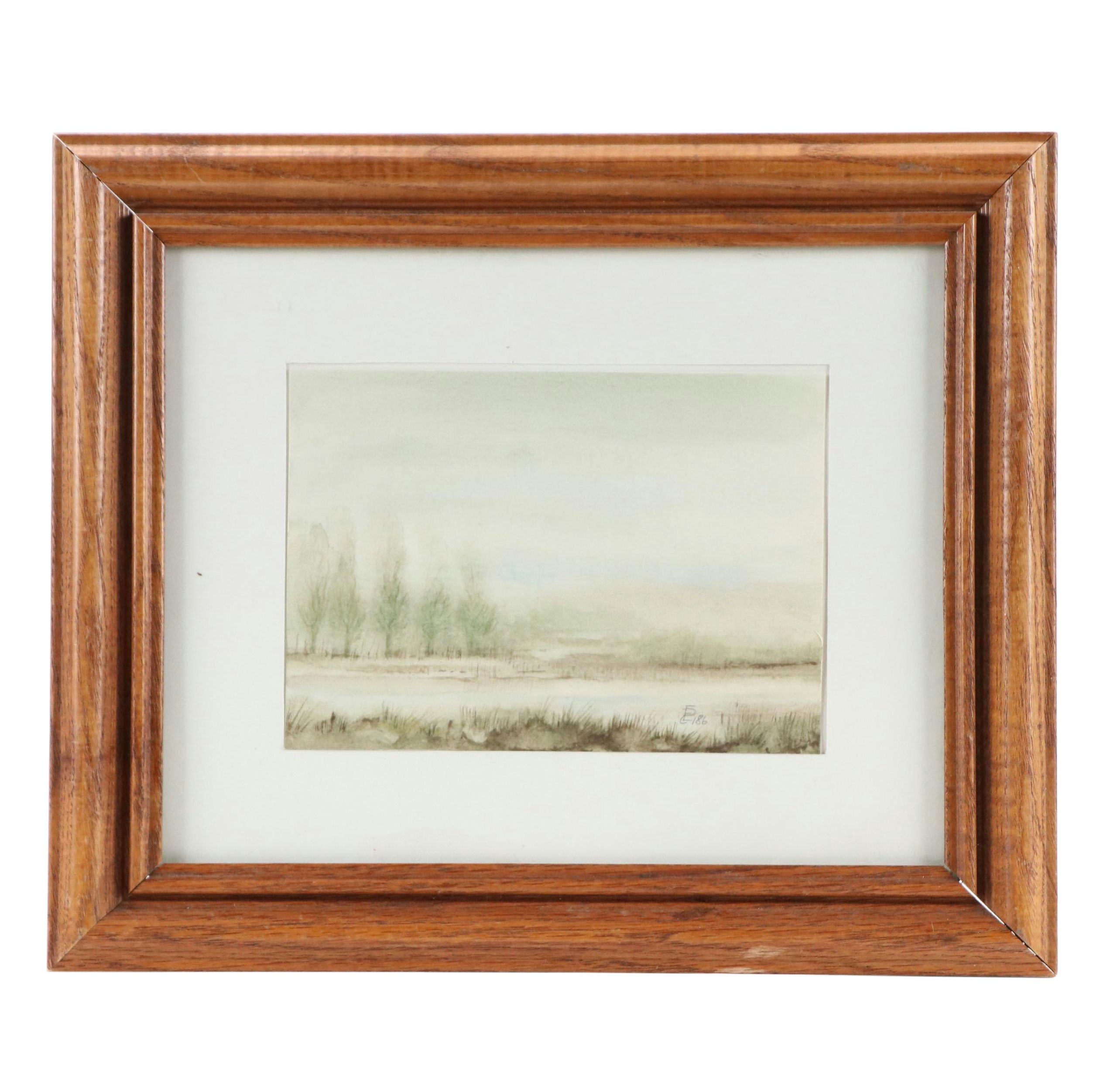 Watercolor Painting of Atmospheric Aquatic Landscape With Trees, 1986