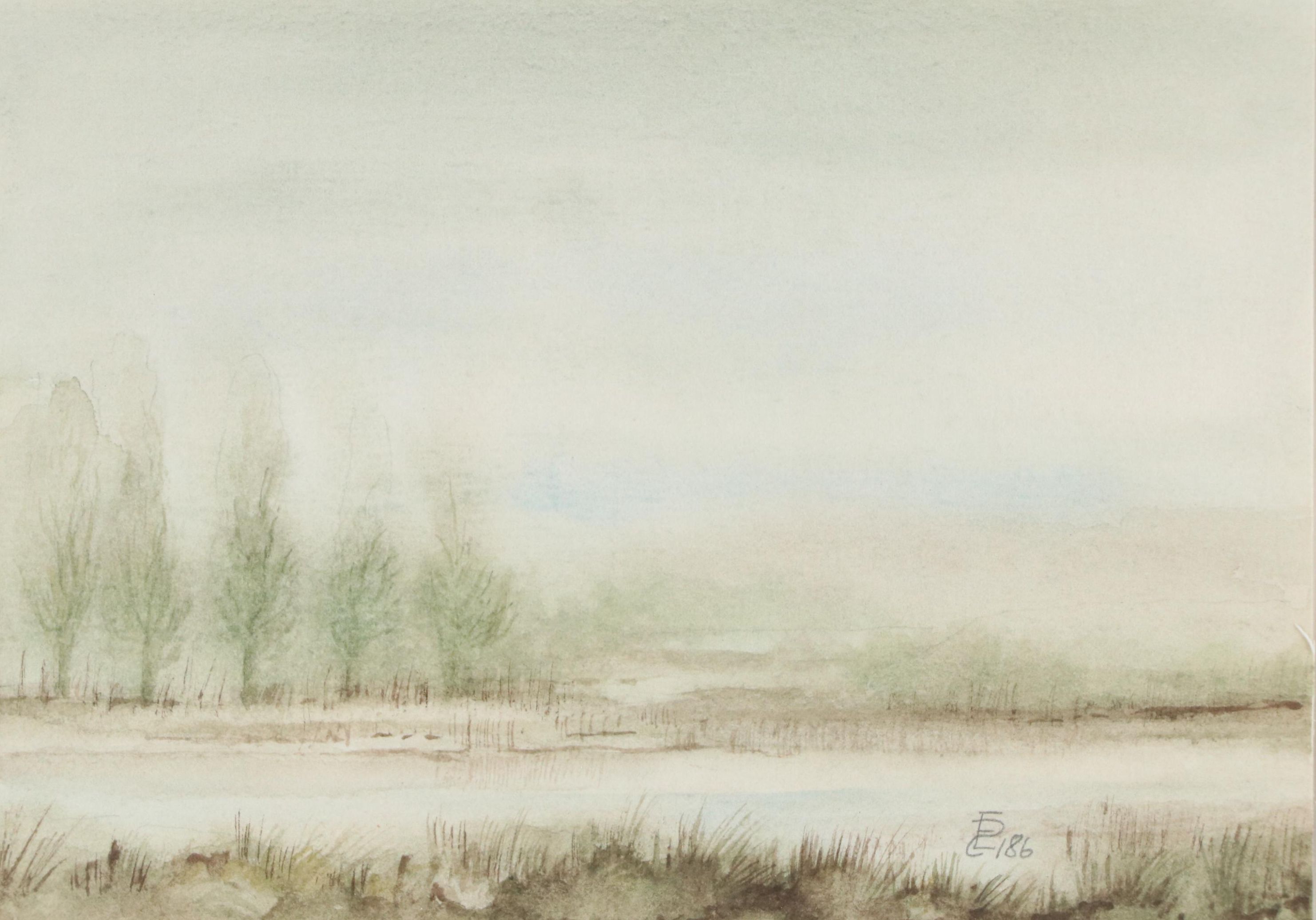 Watercolor Painting of Atmospheric Aquatic Landscape With Trees, 1986