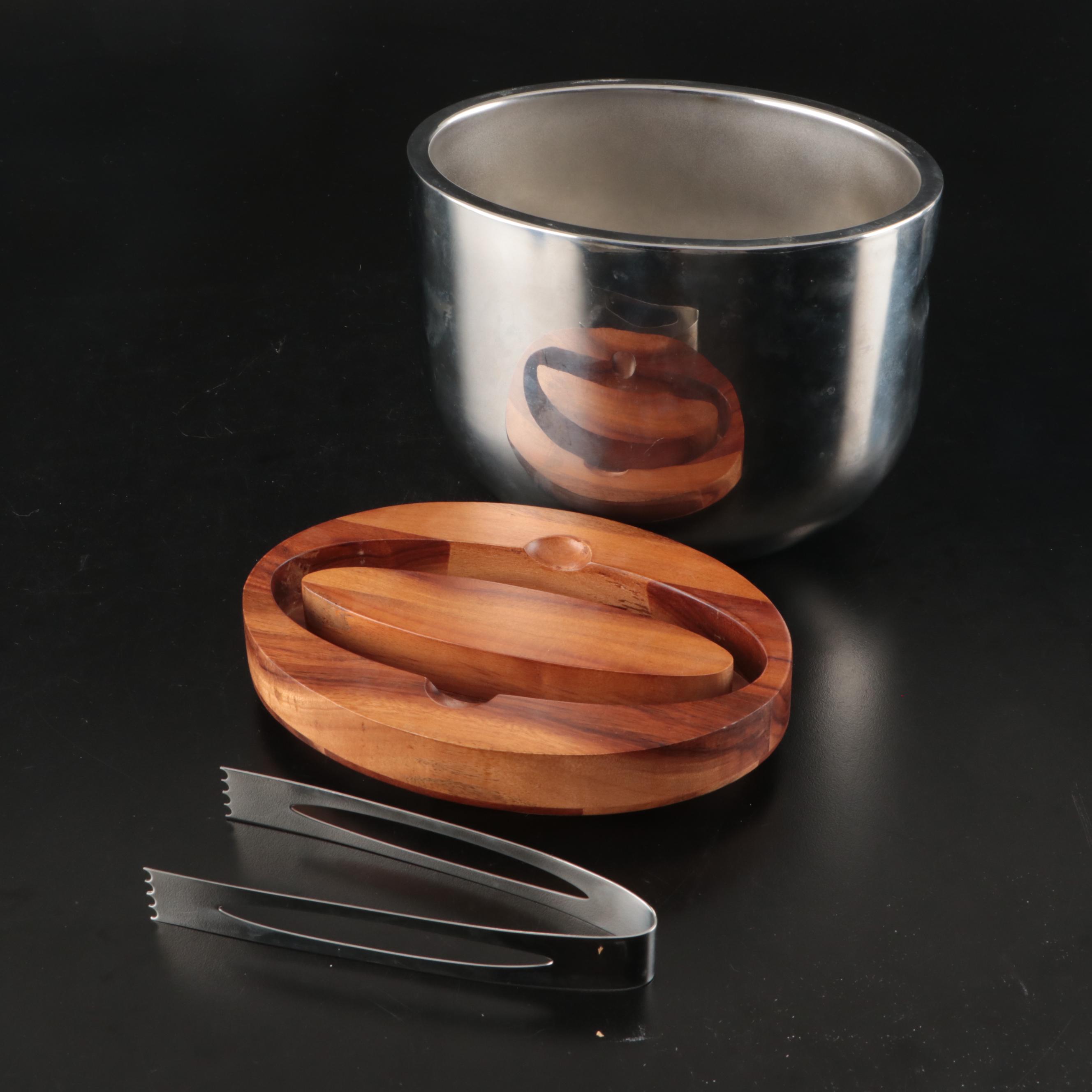 Nambé "Scoop" Chip and Dip Bowl and Ice Bucket with Wooden Lid
