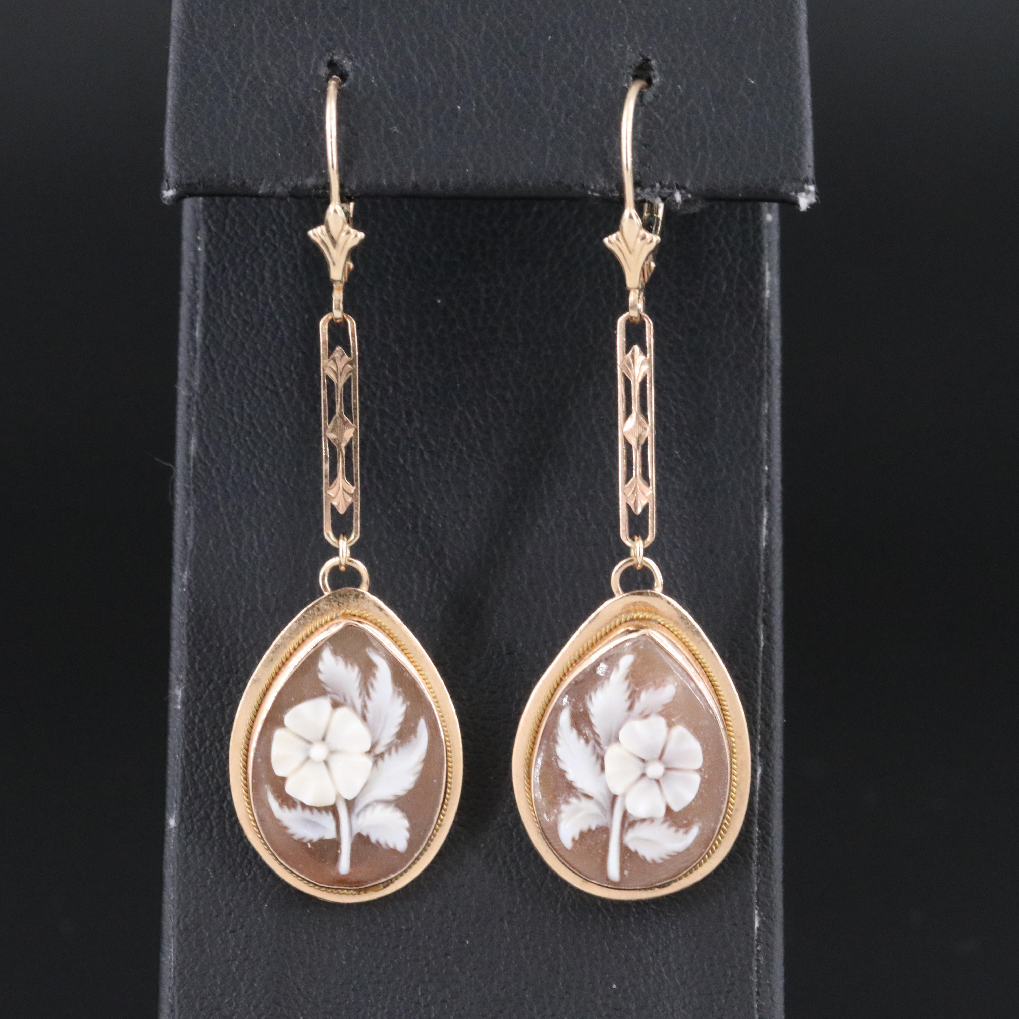 14K and 10K Shell Cameo Pendulum Earrings