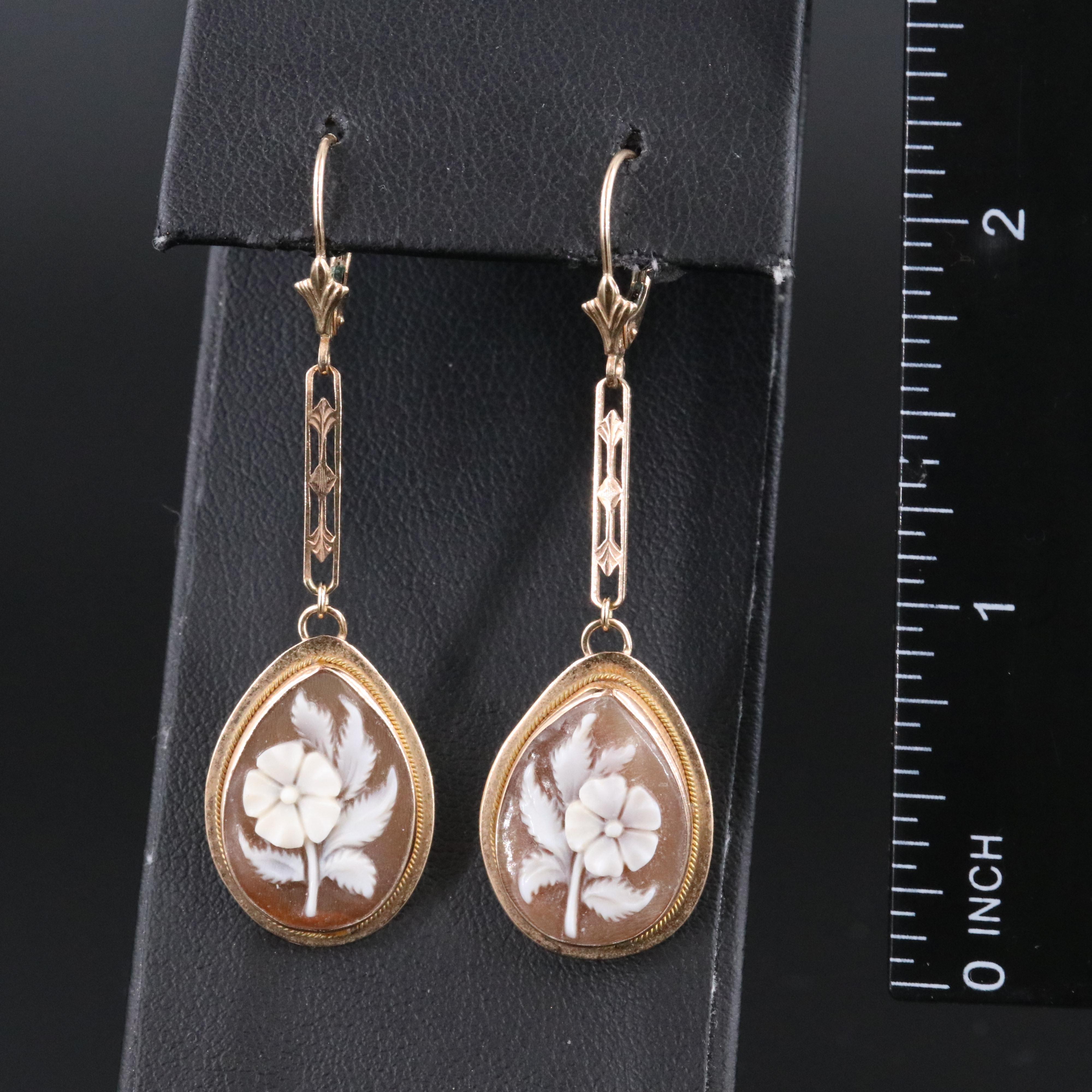 14K and 10K Shell Cameo Pendulum Earrings