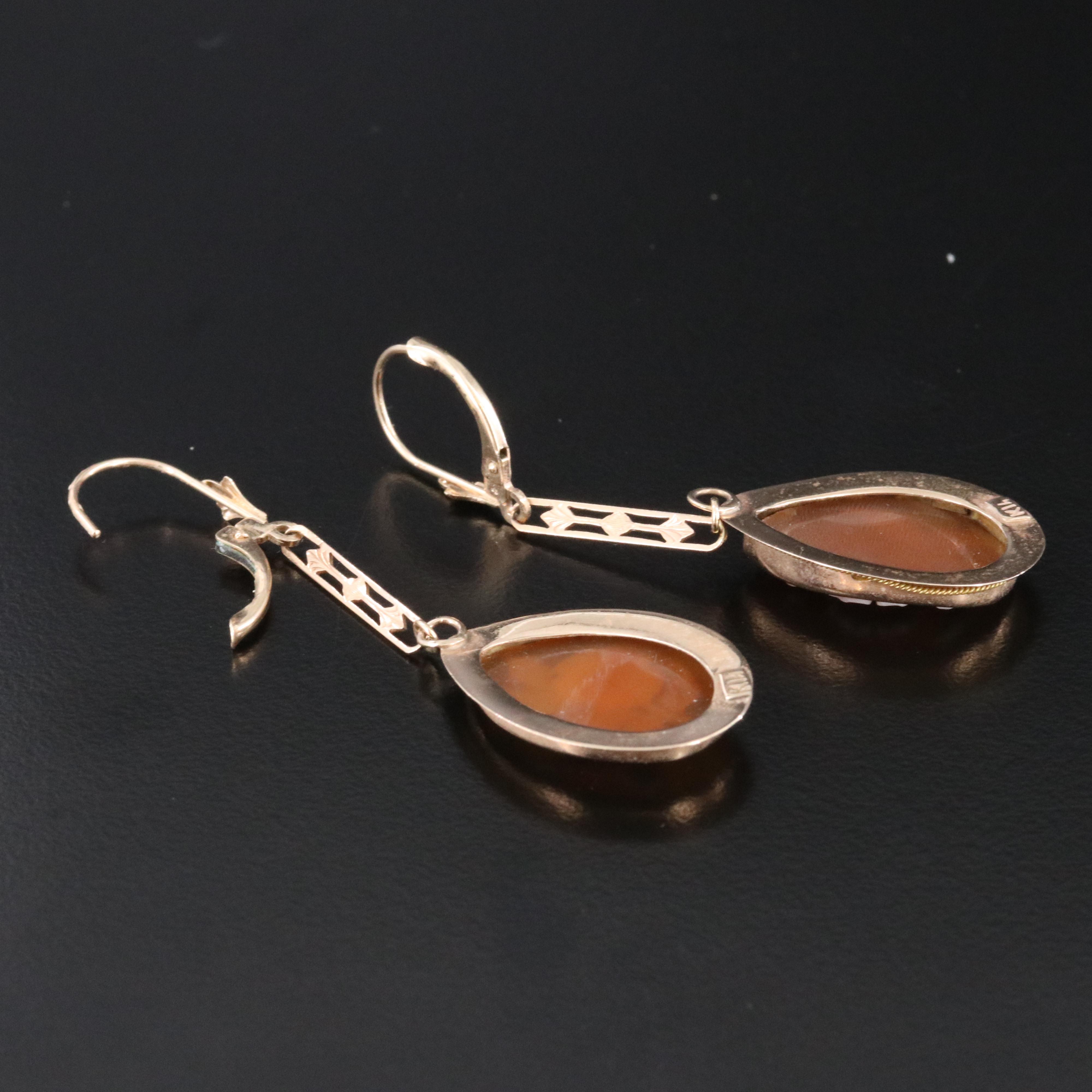 14K and 10K Shell Cameo Pendulum Earrings