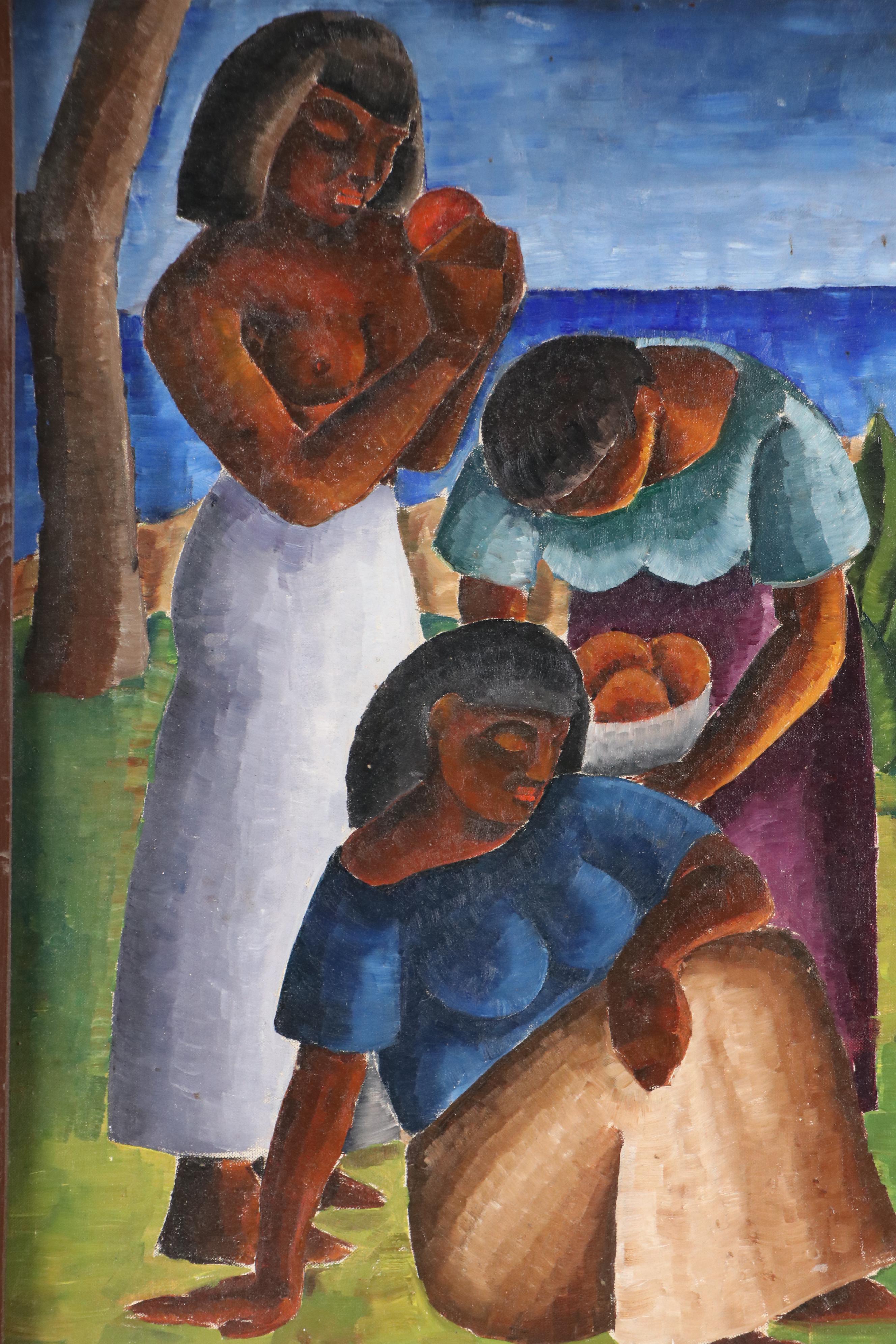 Mexican School Oil Painting of Three Women Near Coast