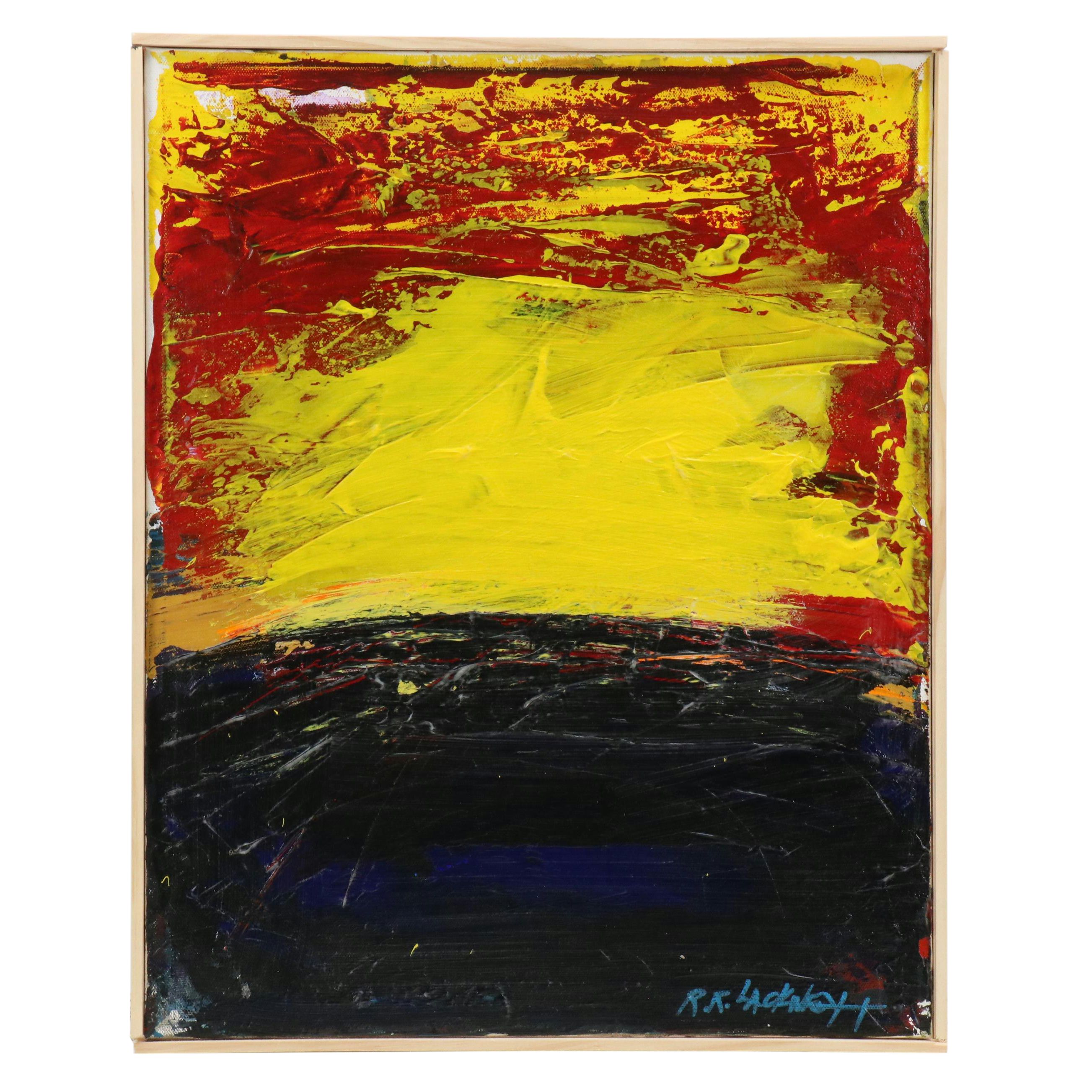 Robert R. Lackney Stylized Landscape Acrylic Painting "Sunset," 21st Century