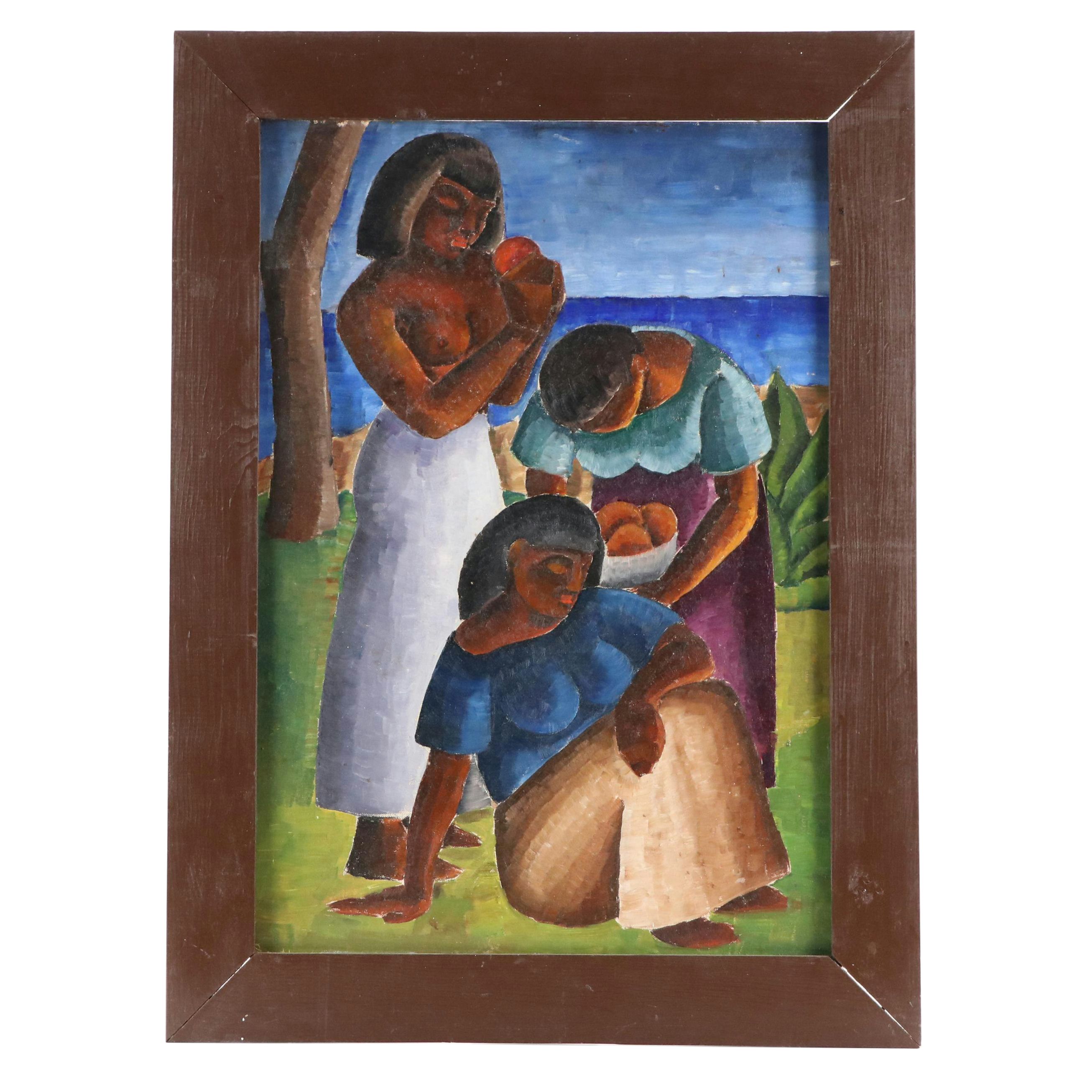 Mexican School Oil Painting of Three Women Near Coast