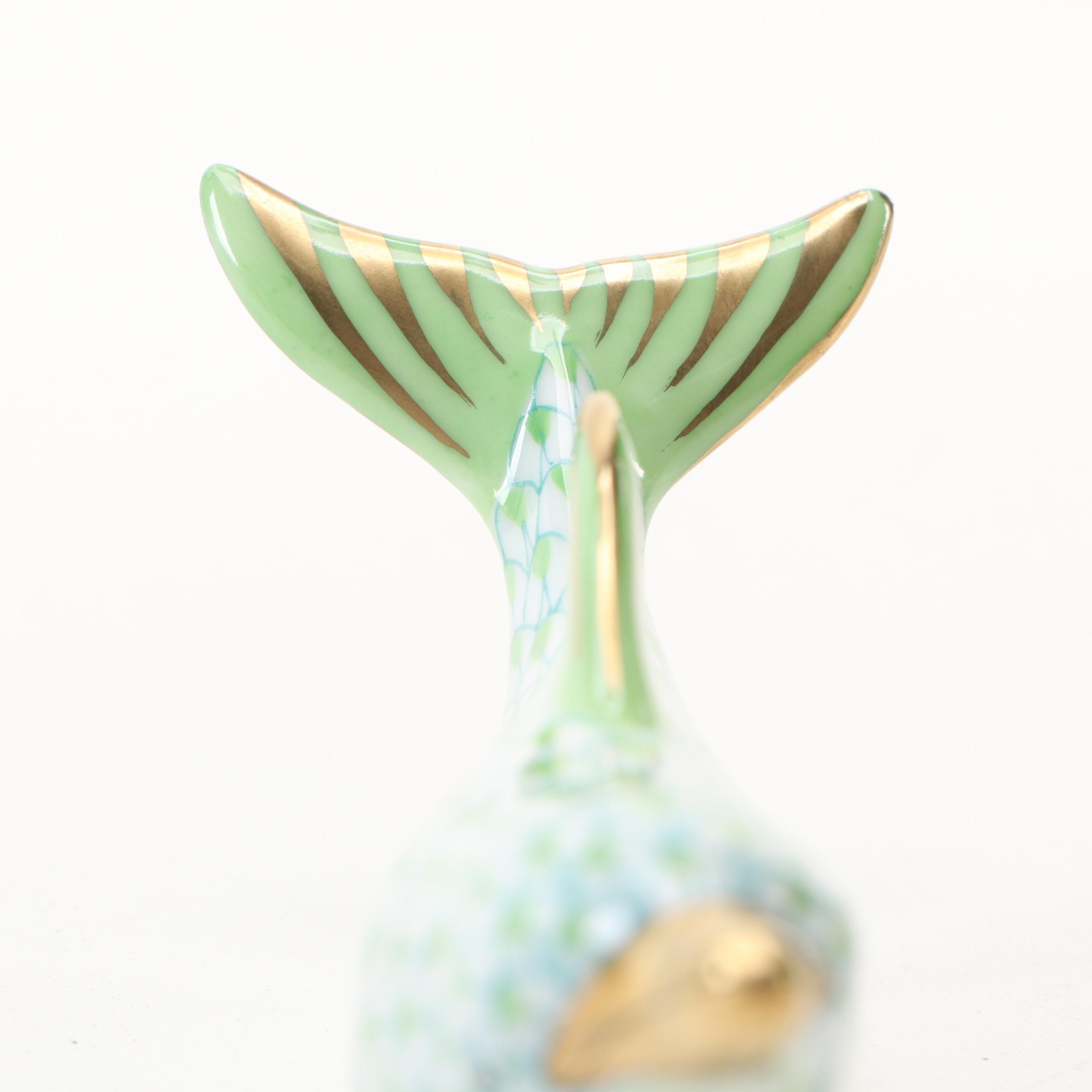 Herend Key Lime Fishnet with Gold "Playful Dolphin" Porcelain Figurine