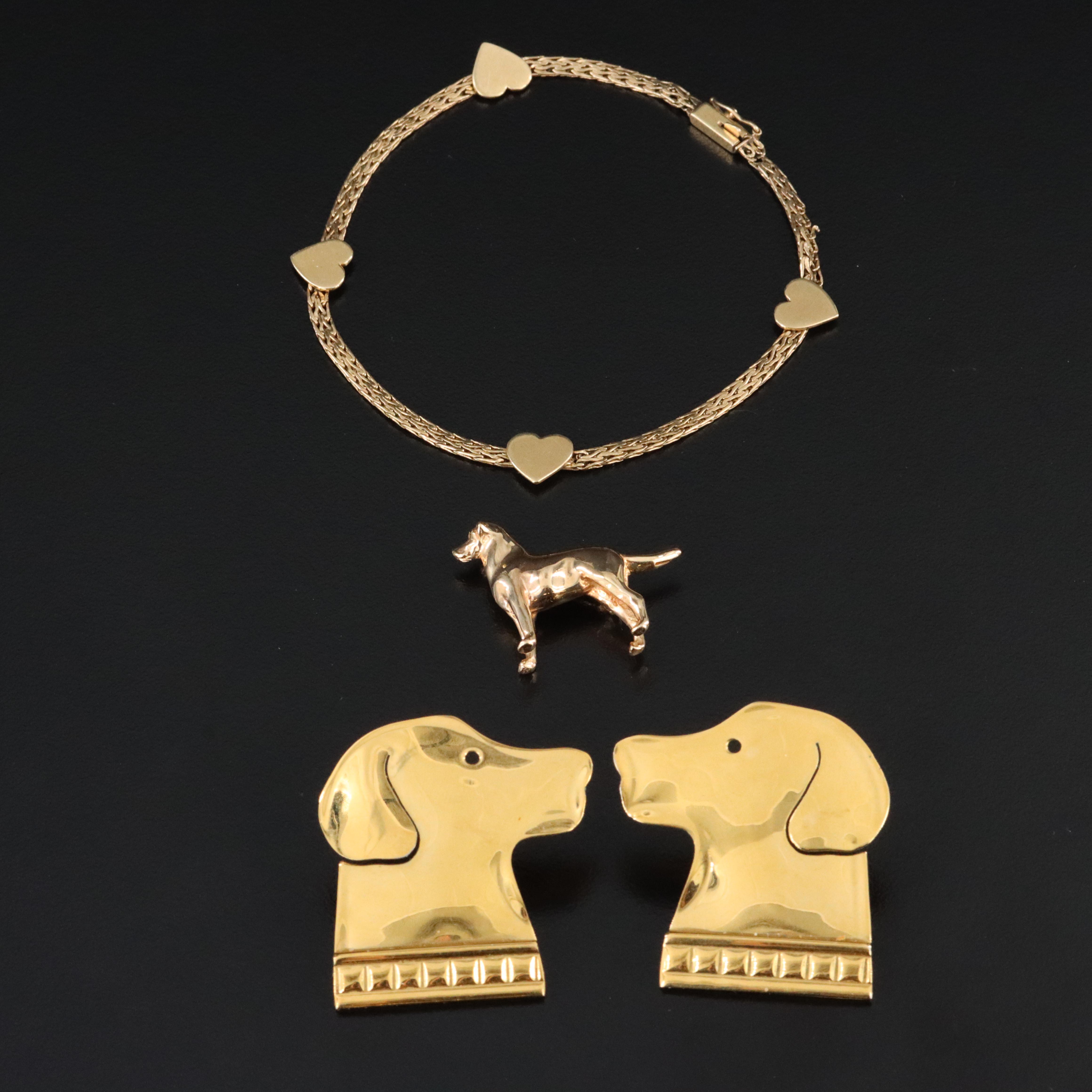 14K Heart Bracelet and Dog Pin with Dog Earrings and Components
