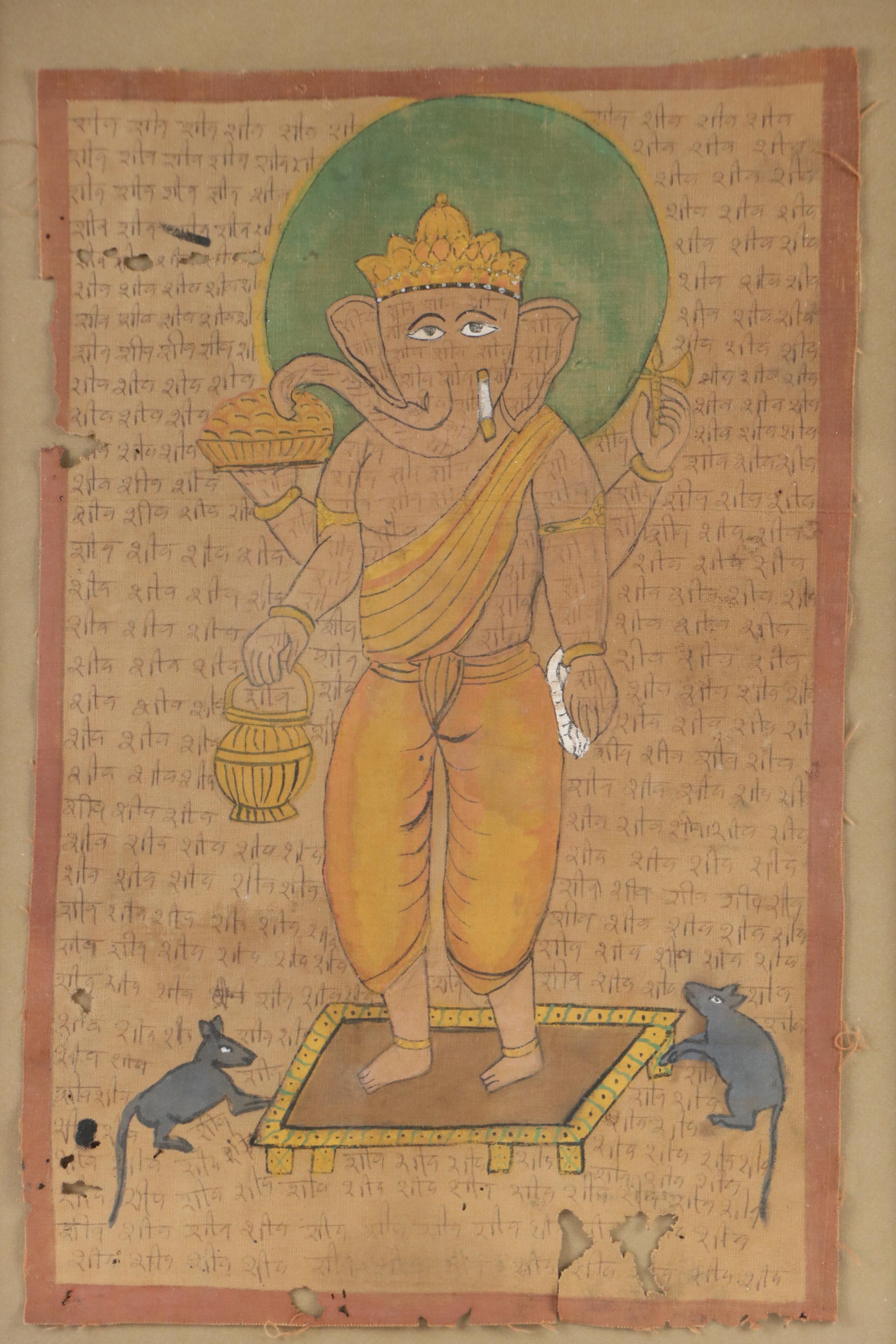Indian Ganesha Manuscript Painting on Fabric, Late 19th/ Early 20th Century