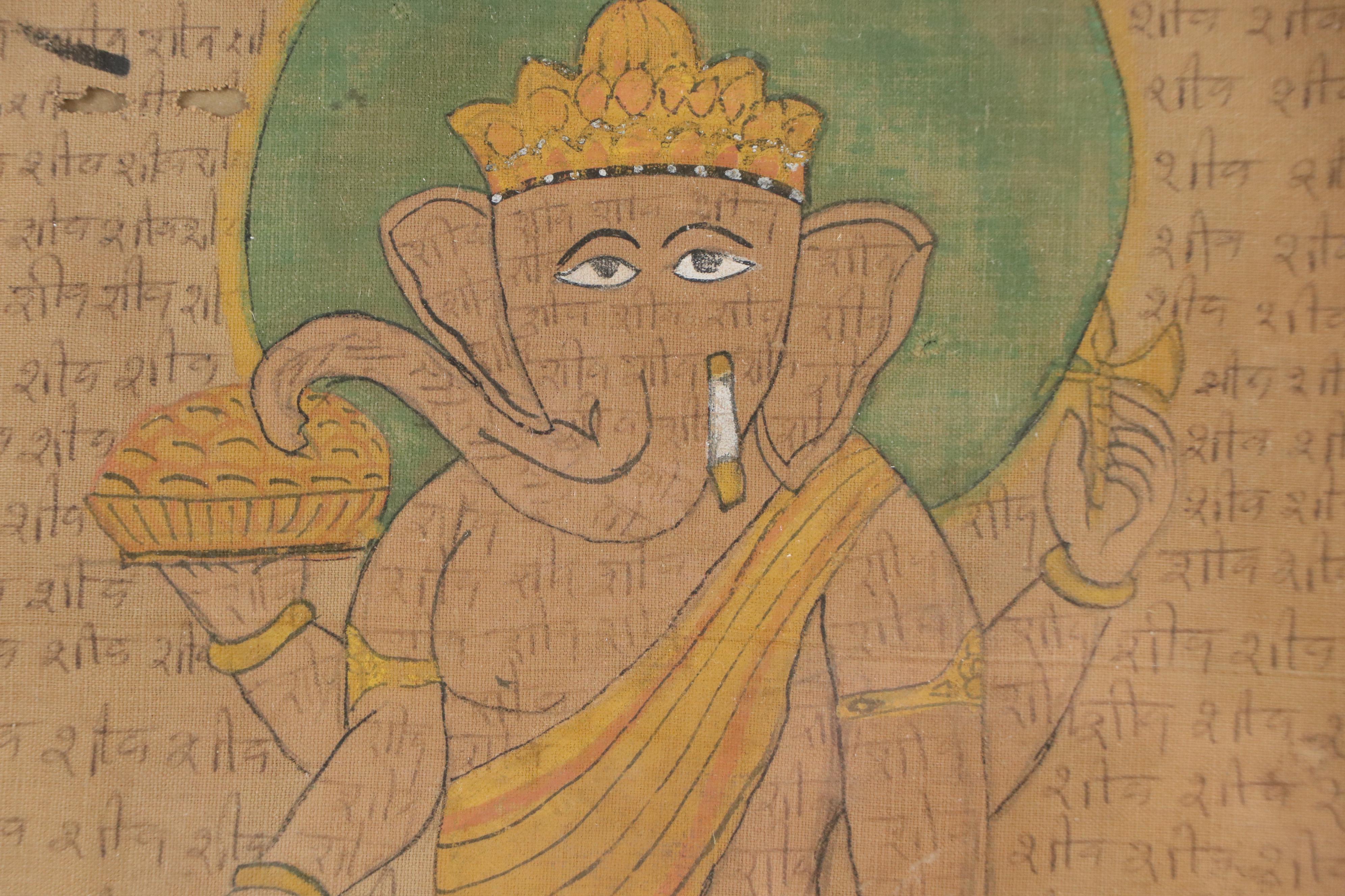 Indian Ganesha Manuscript Painting on Fabric, Late 19th/ Early 20th Century