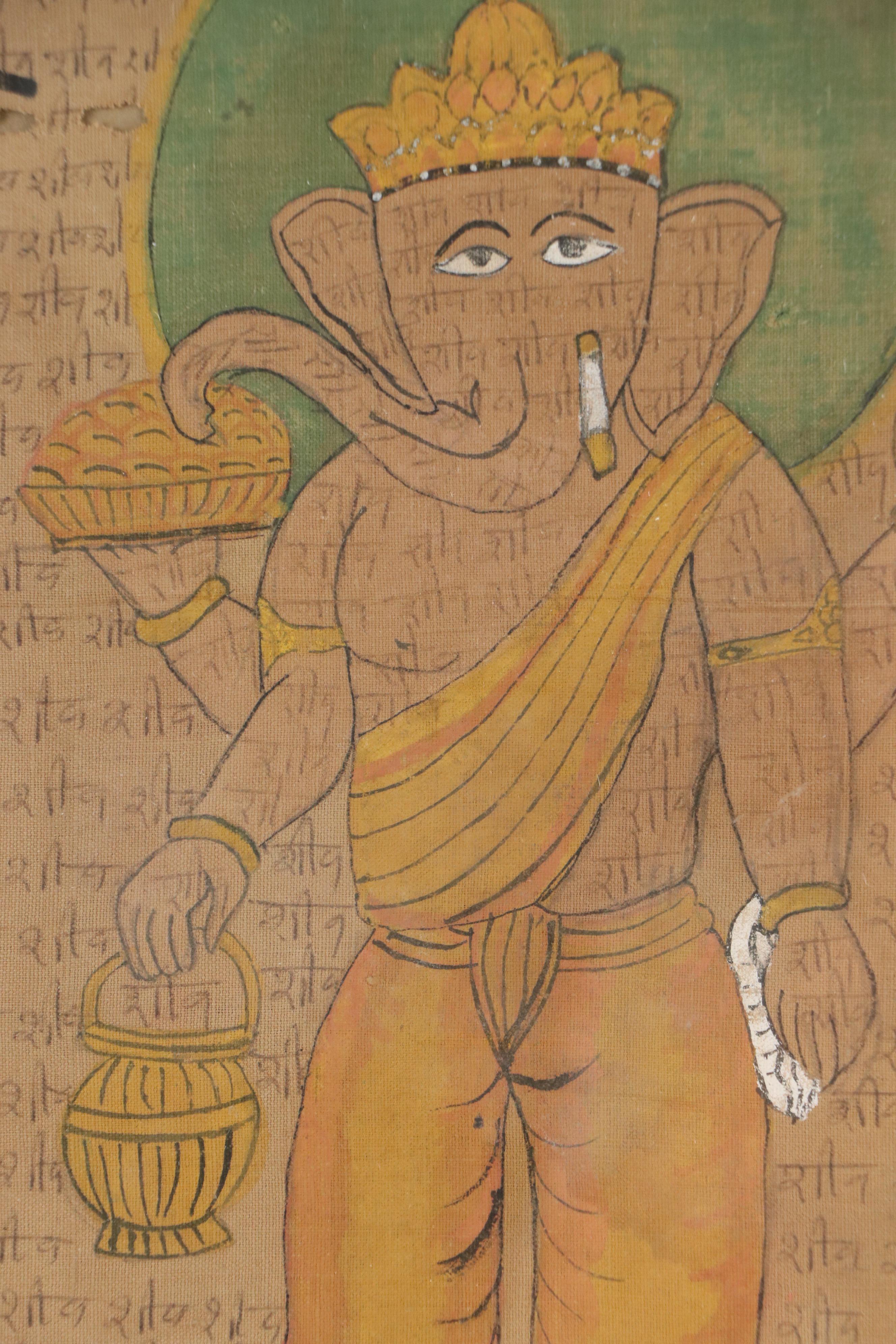 Indian Ganesha Manuscript Painting on Fabric, Late 19th/ Early 20th Century