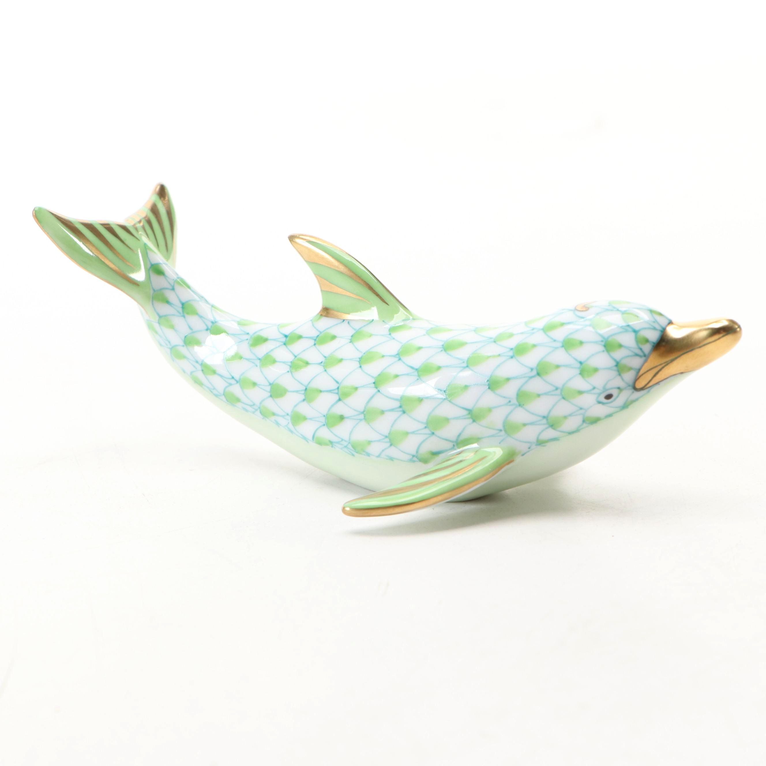 Herend Key Lime Fishnet with Gold "Playful Dolphin" Porcelain Figurine