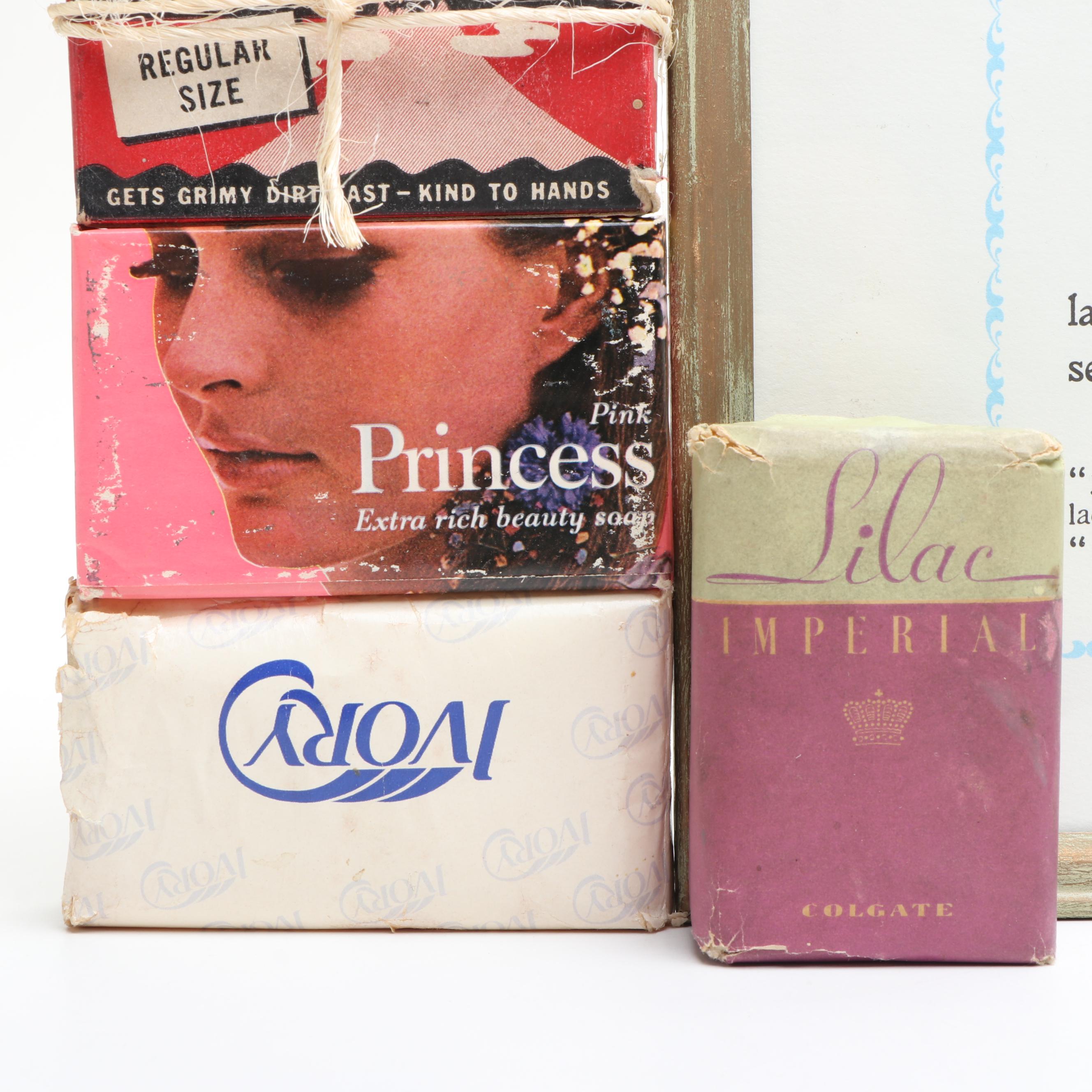 Ivory Soap Framed Ad with Ivory, Wards, Werk's and Other Wrapped Soap Bars