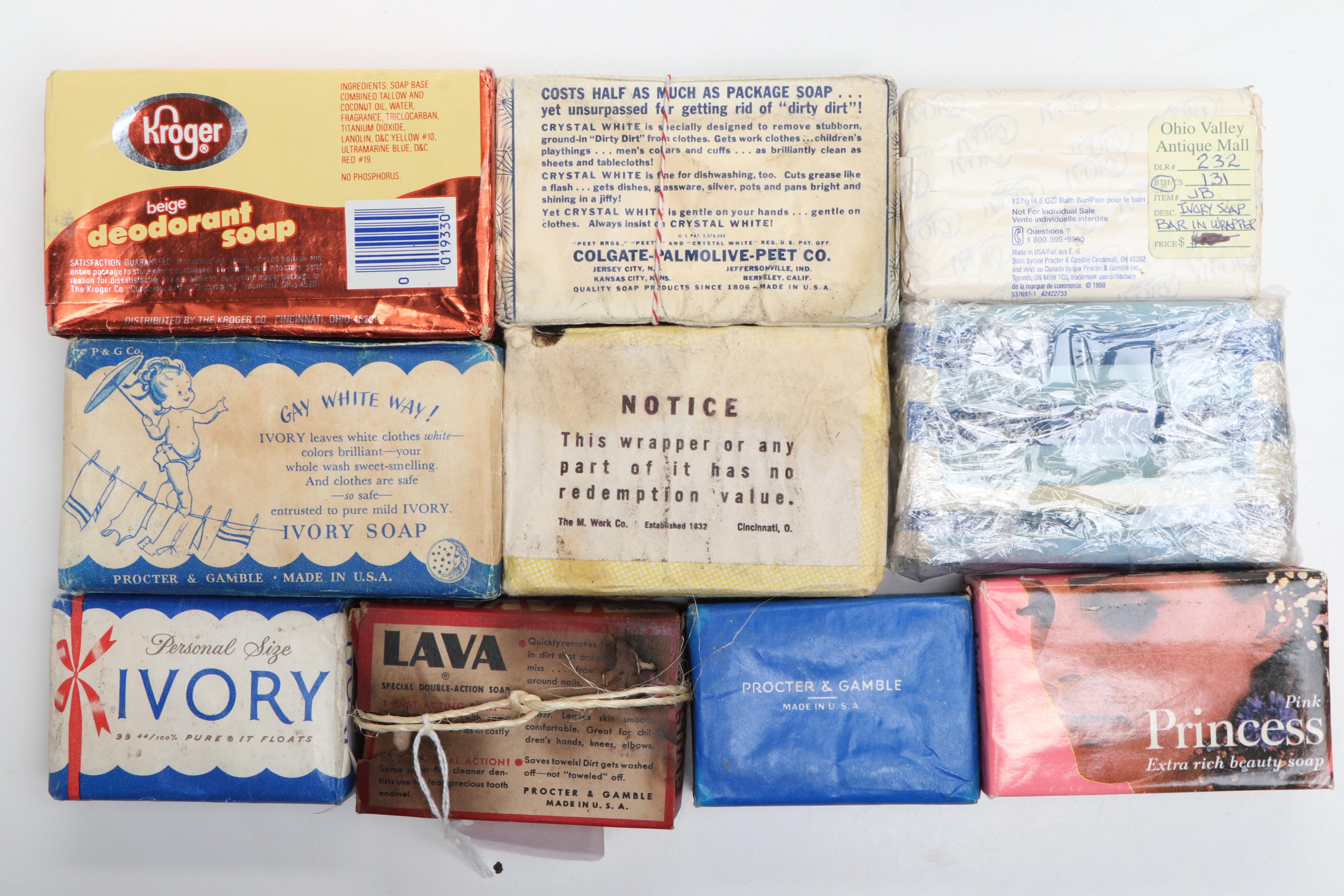 Ivory Soap Framed Ad with Ivory, Wards, Werk's and Other Wrapped Soap Bars