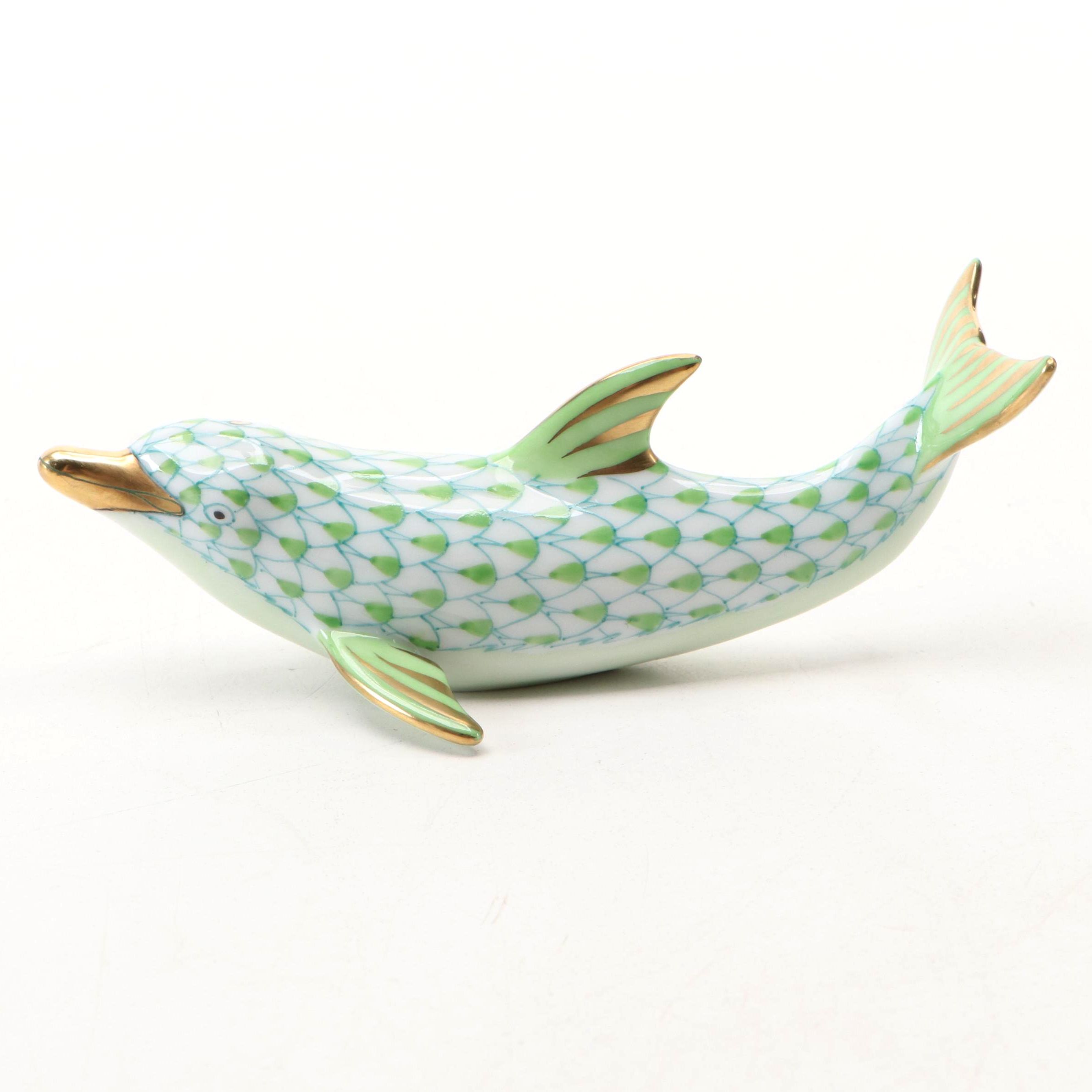 Herend Key Lime Fishnet with Gold "Playful Dolphin" Porcelain Figurine