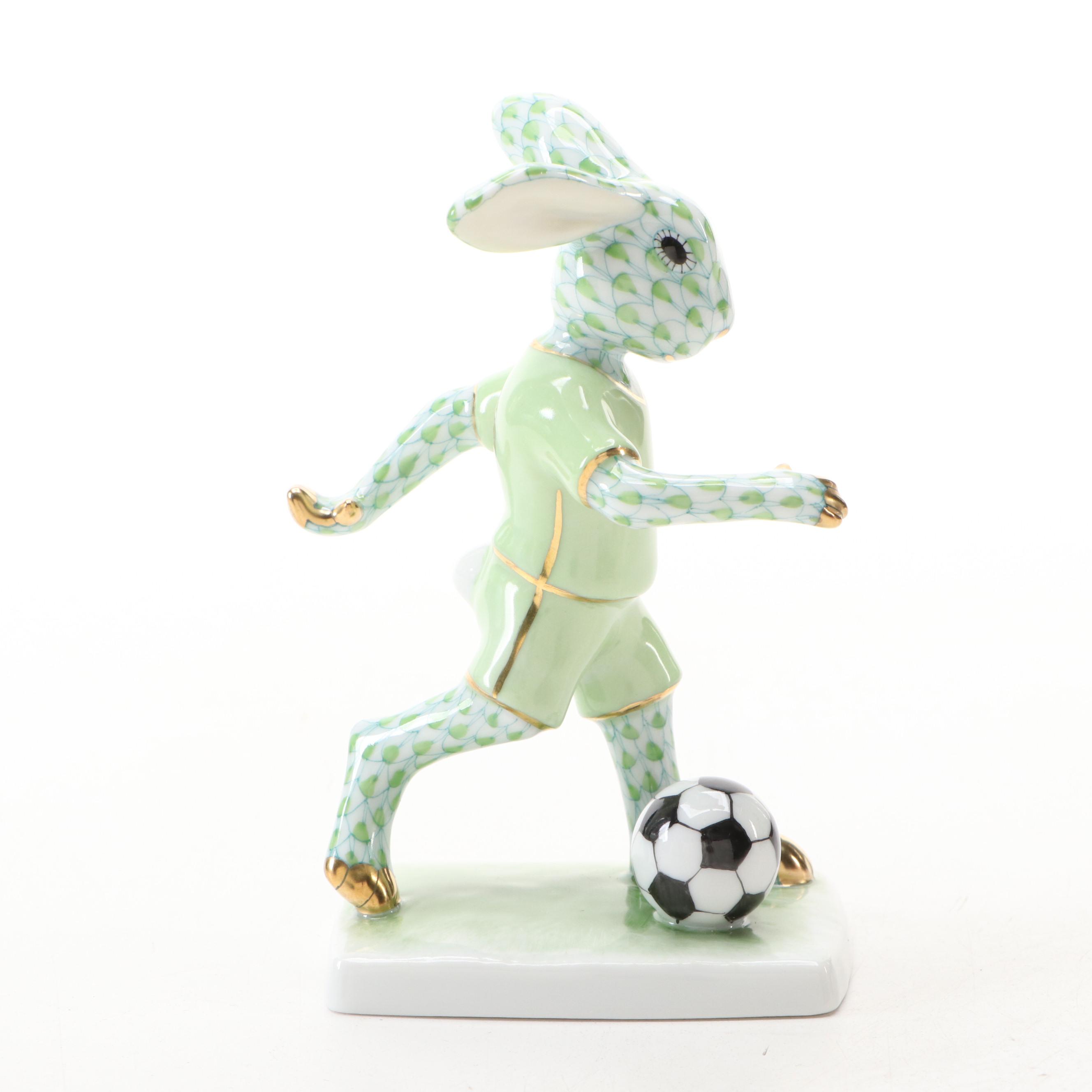 Herend Key Lime Fishnet with Gold "Soccer Bunny" Porcelain Figurine