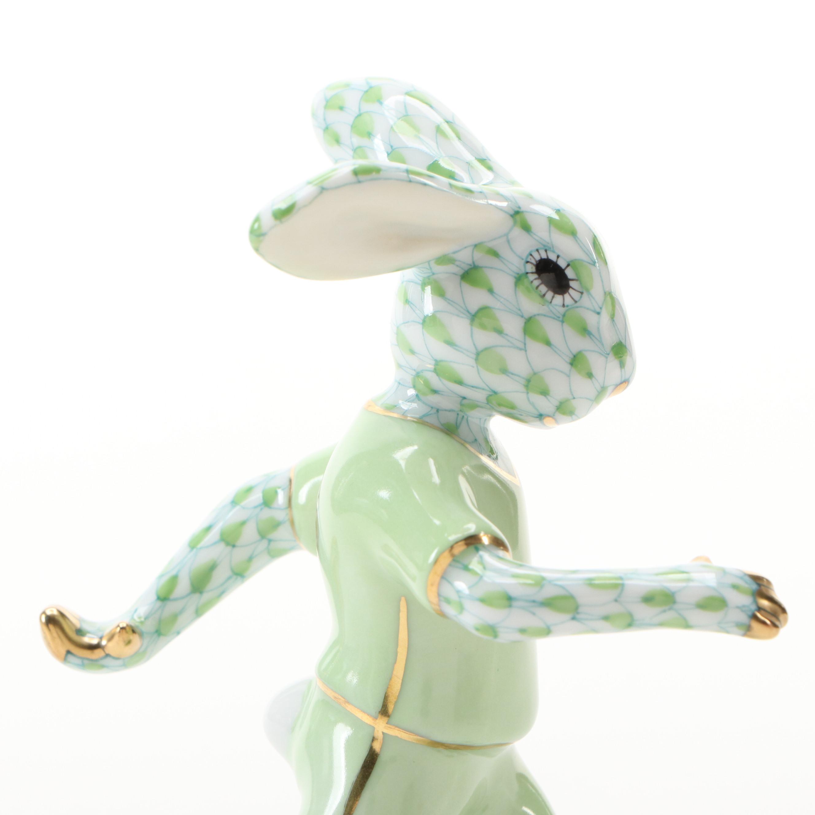 Herend Key Lime Fishnet with Gold "Soccer Bunny" Porcelain Figurine