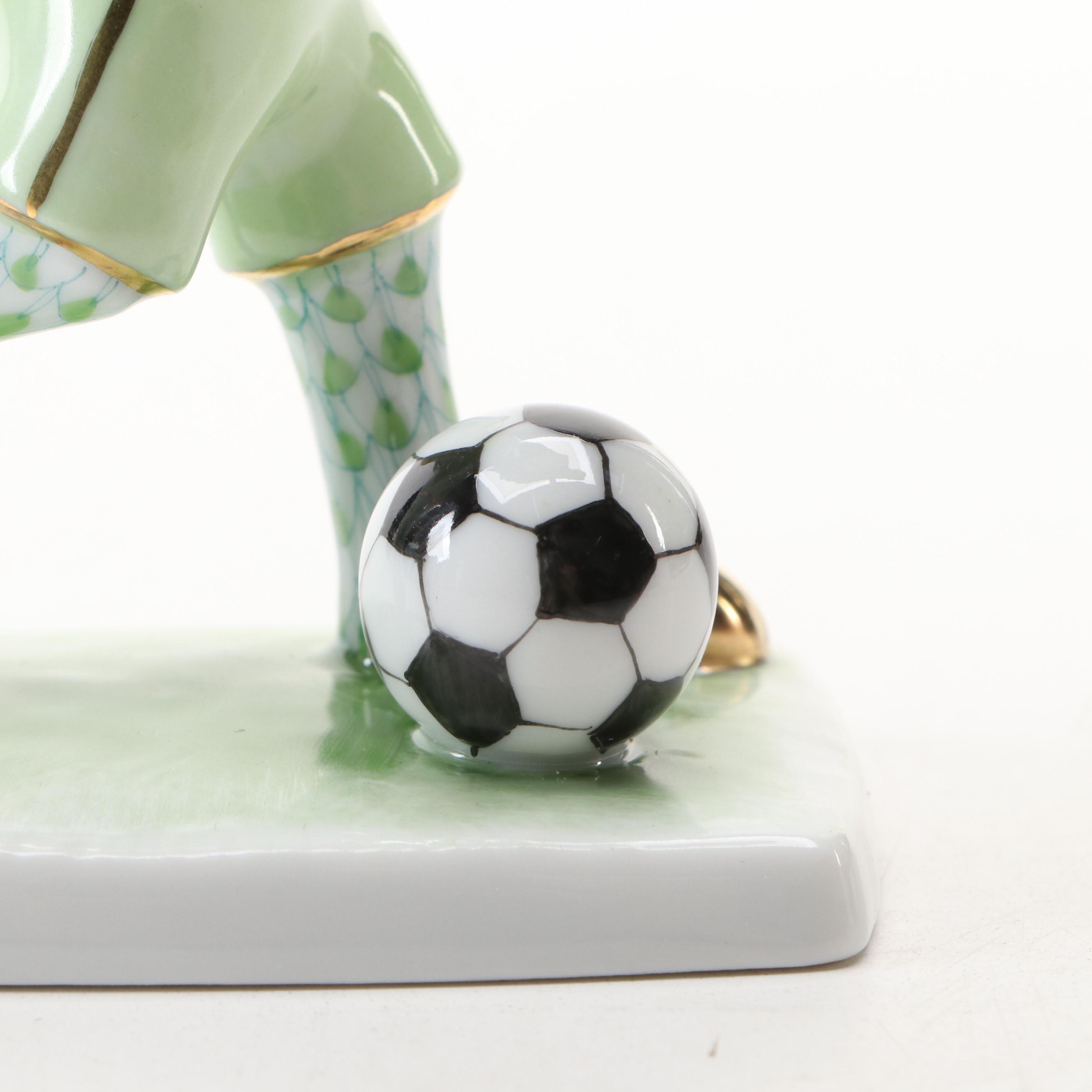 Herend Key Lime Fishnet with Gold "Soccer Bunny" Porcelain Figurine