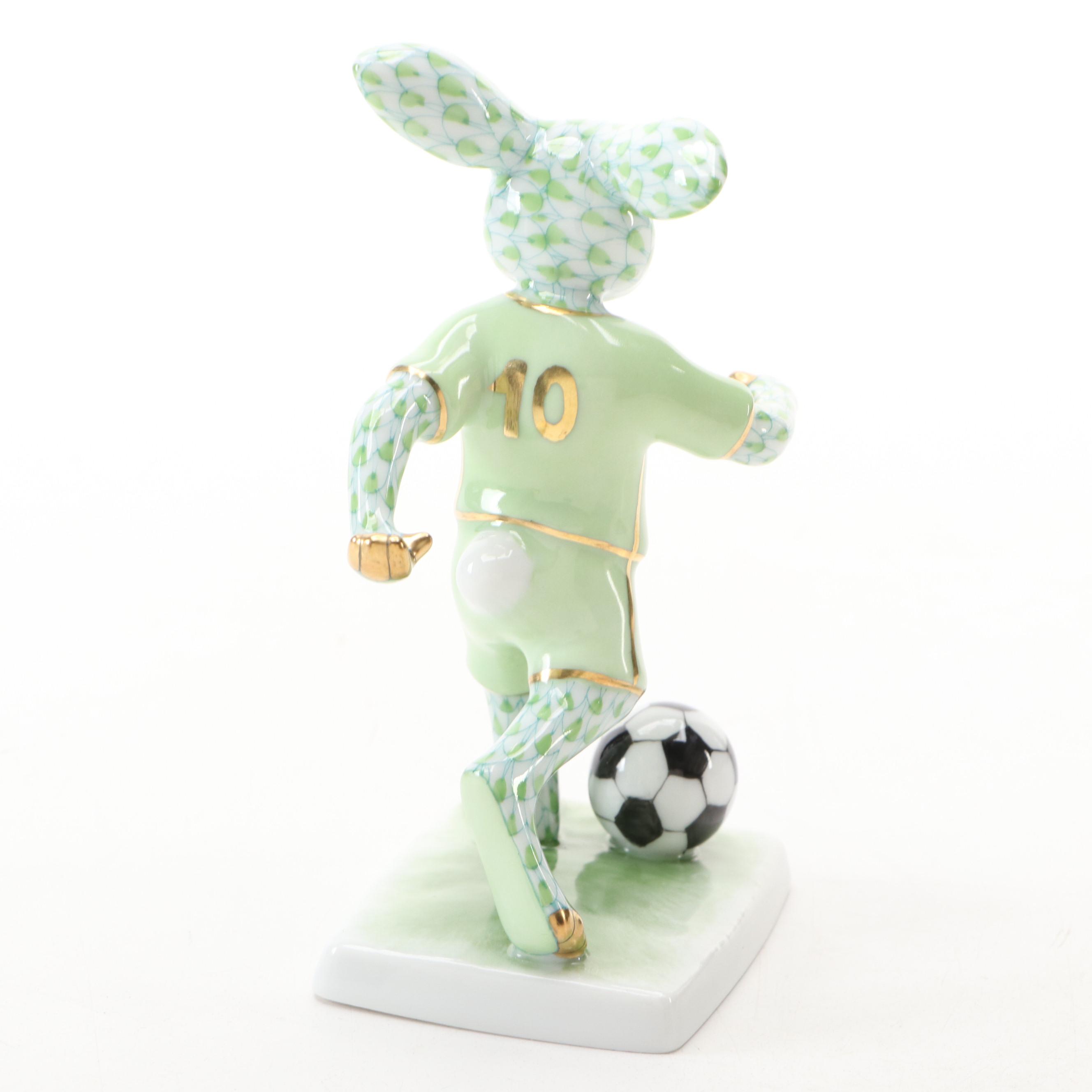 Herend Key Lime Fishnet with Gold "Soccer Bunny" Porcelain Figurine