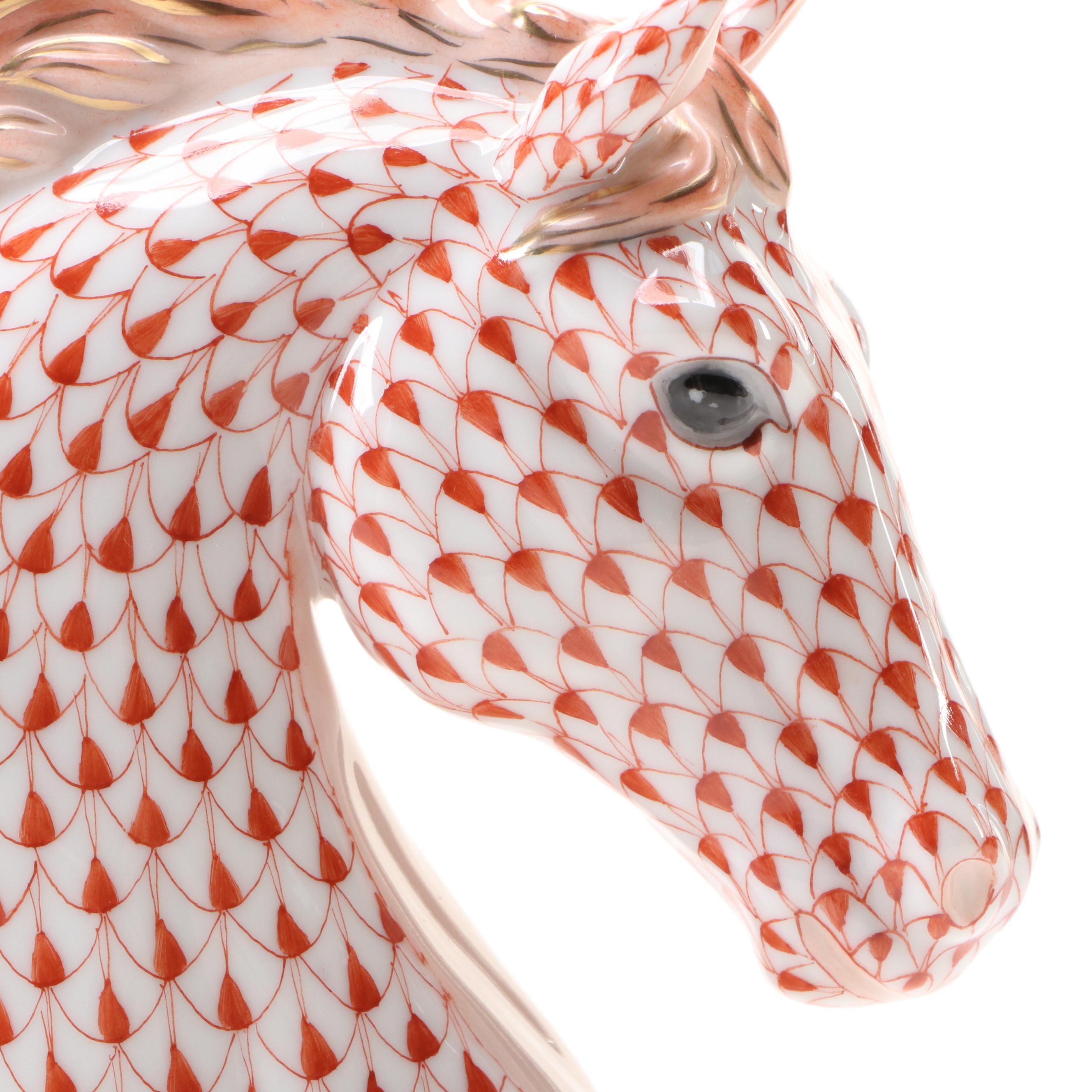 Herend Rust Fishnet with Gold "Horse Bust" Porcelain Figurine