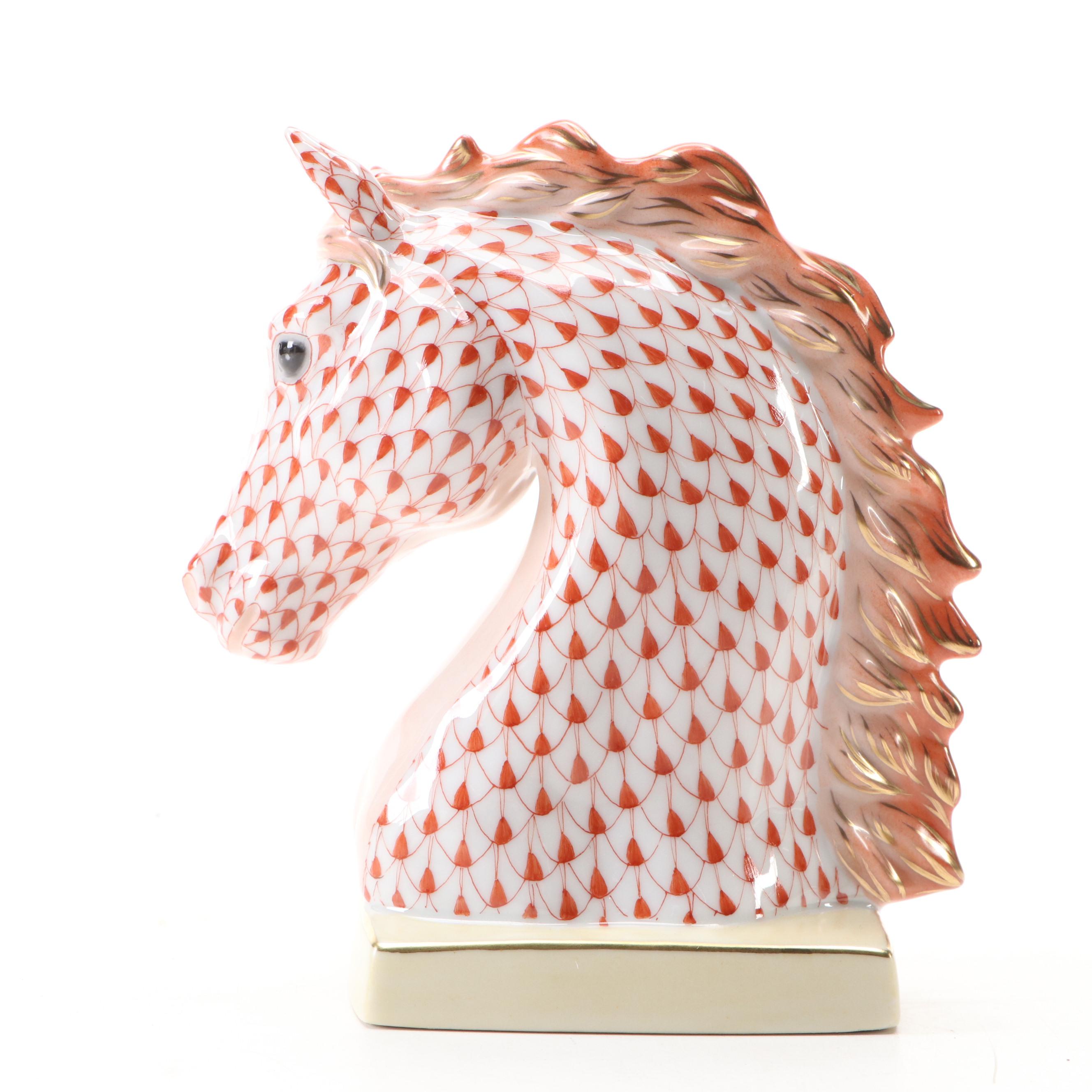 Herend Rust Fishnet with Gold "Horse Bust" Porcelain Figurine