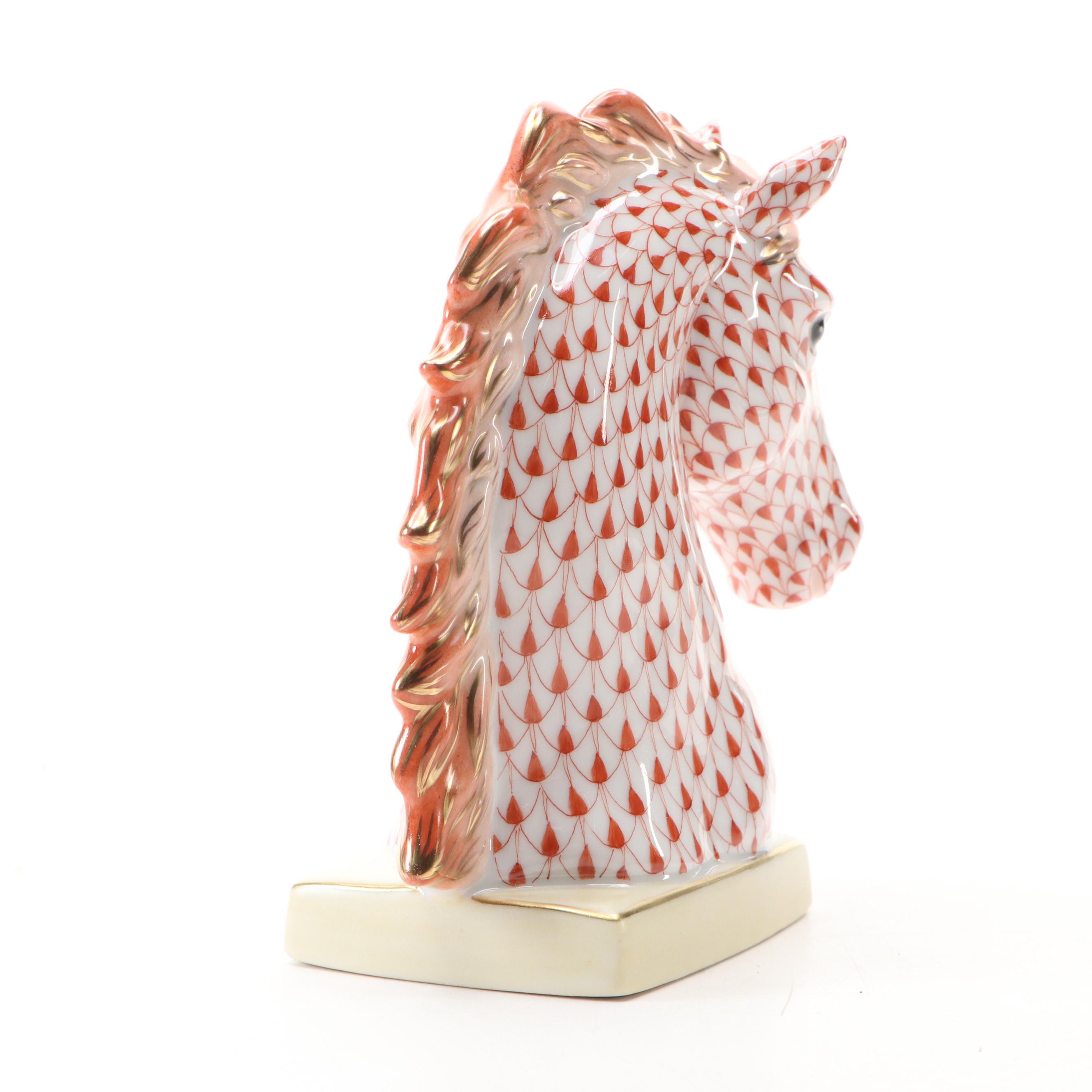 Herend Rust Fishnet with Gold "Horse Bust" Porcelain Figurine