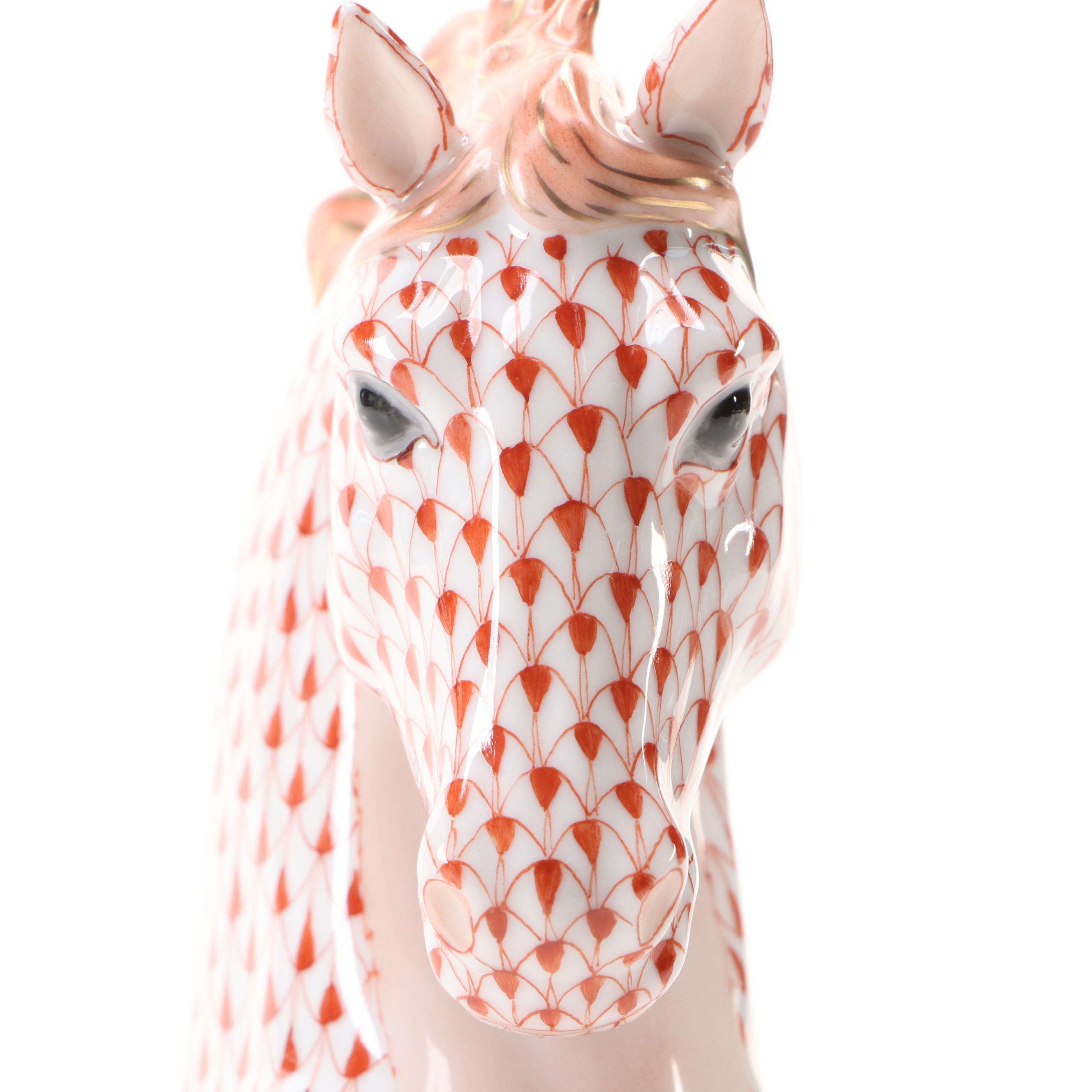 Herend Rust Fishnet with Gold "Horse Bust" Porcelain Figurine