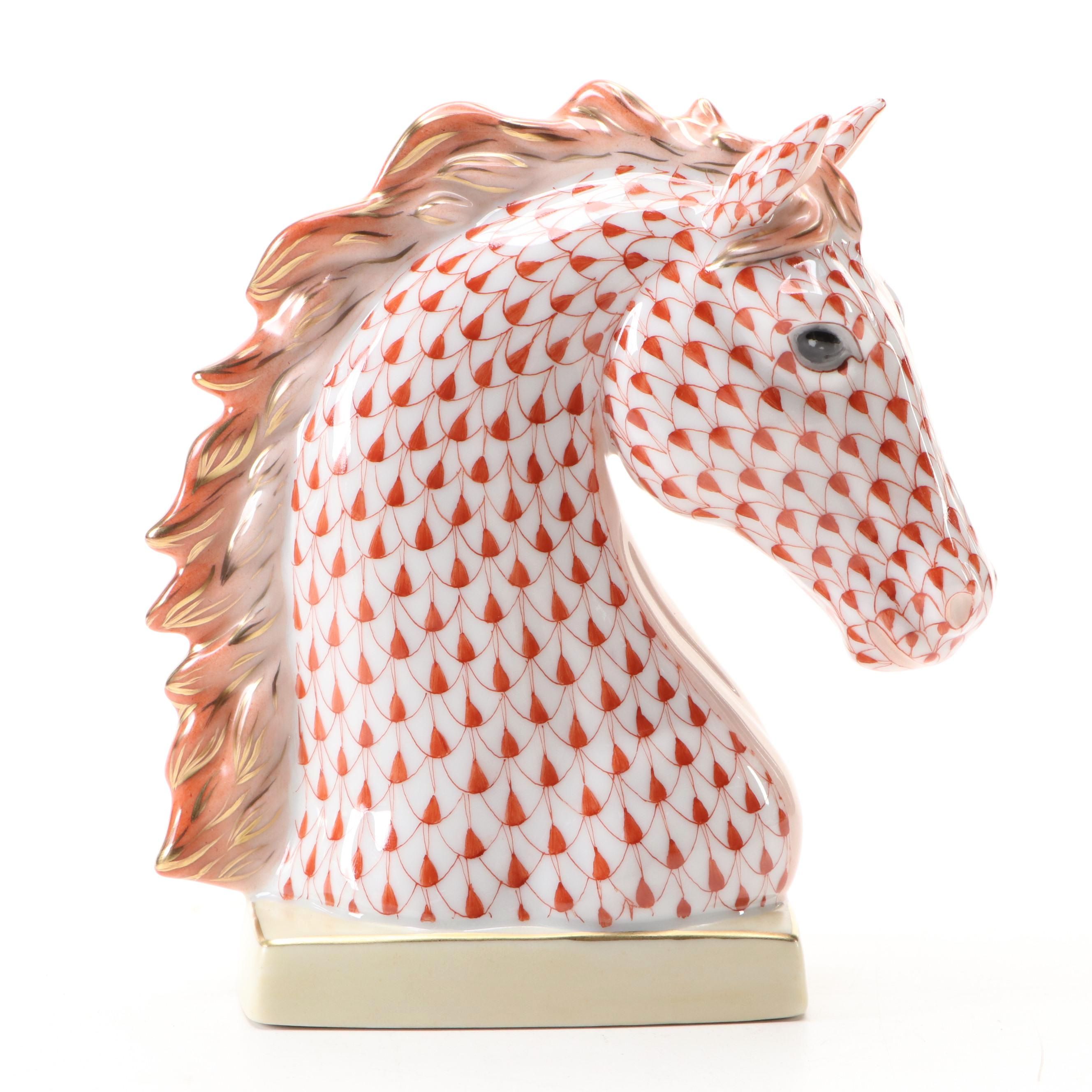 Herend Rust Fishnet with Gold "Horse Bust" Porcelain Figurine