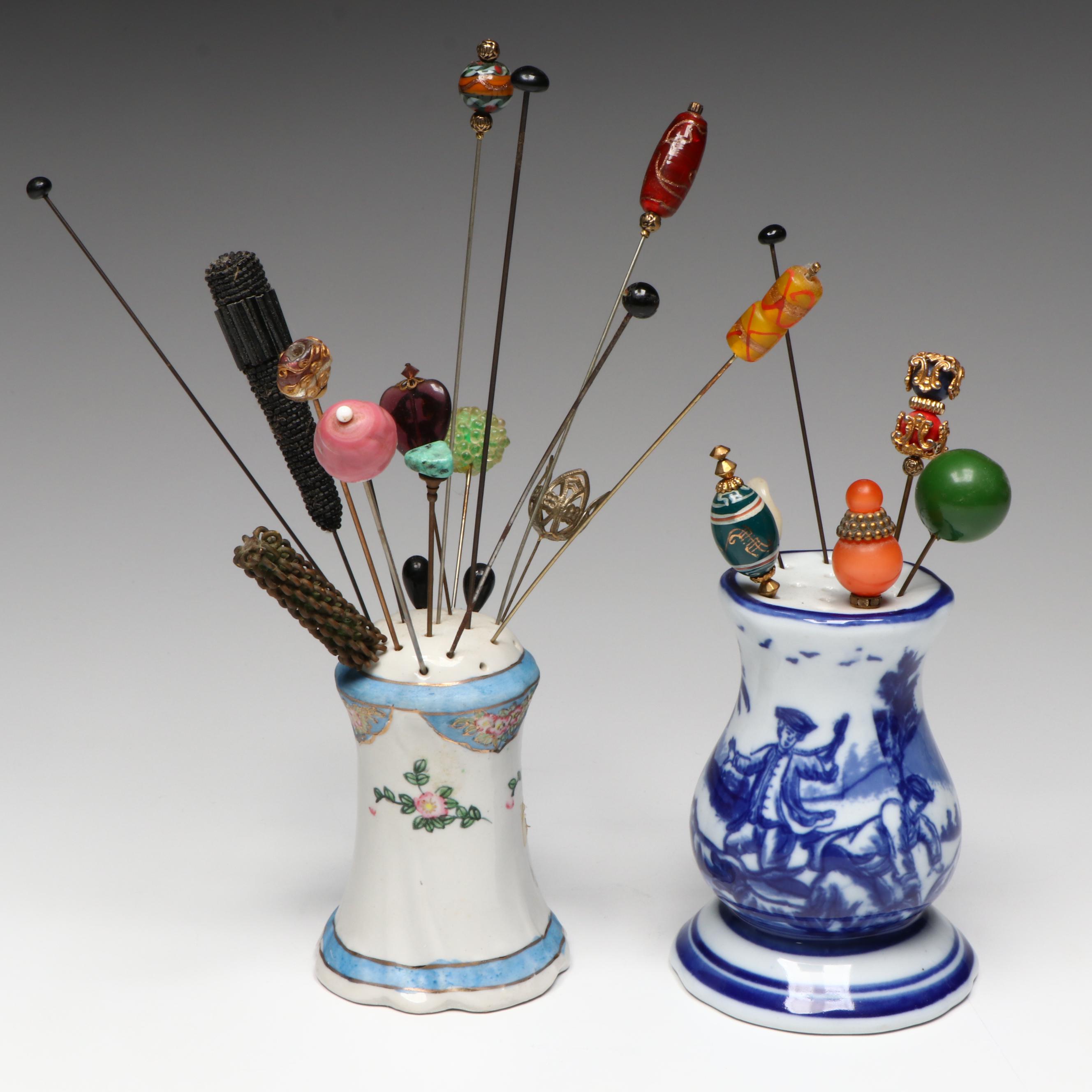 Porcelain and Ceramic Hat Pin Holders with Assortment of Pins