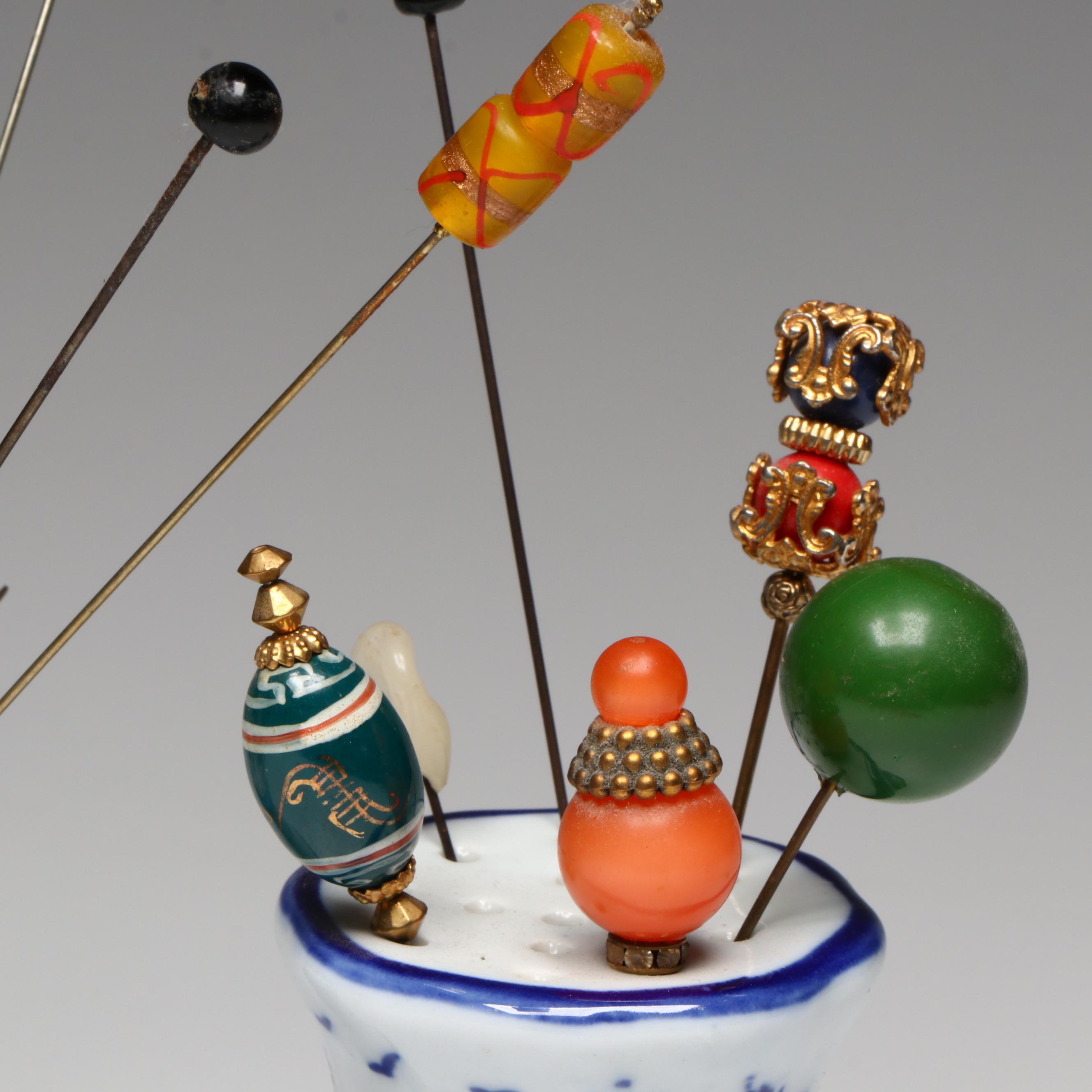 Porcelain and Ceramic Hat Pin Holders with Assortment of Pins