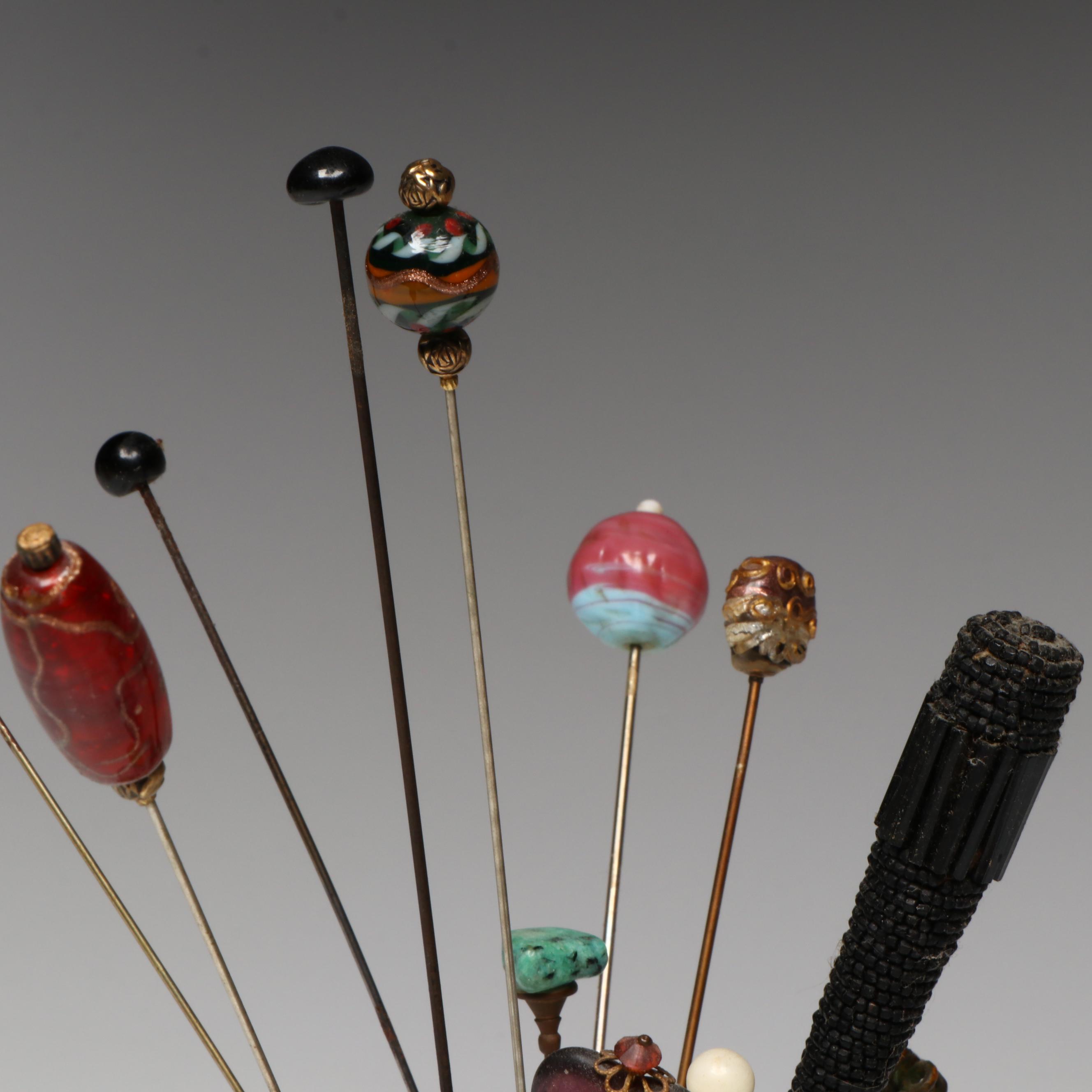 Porcelain and Ceramic Hat Pin Holders with Assortment of Pins