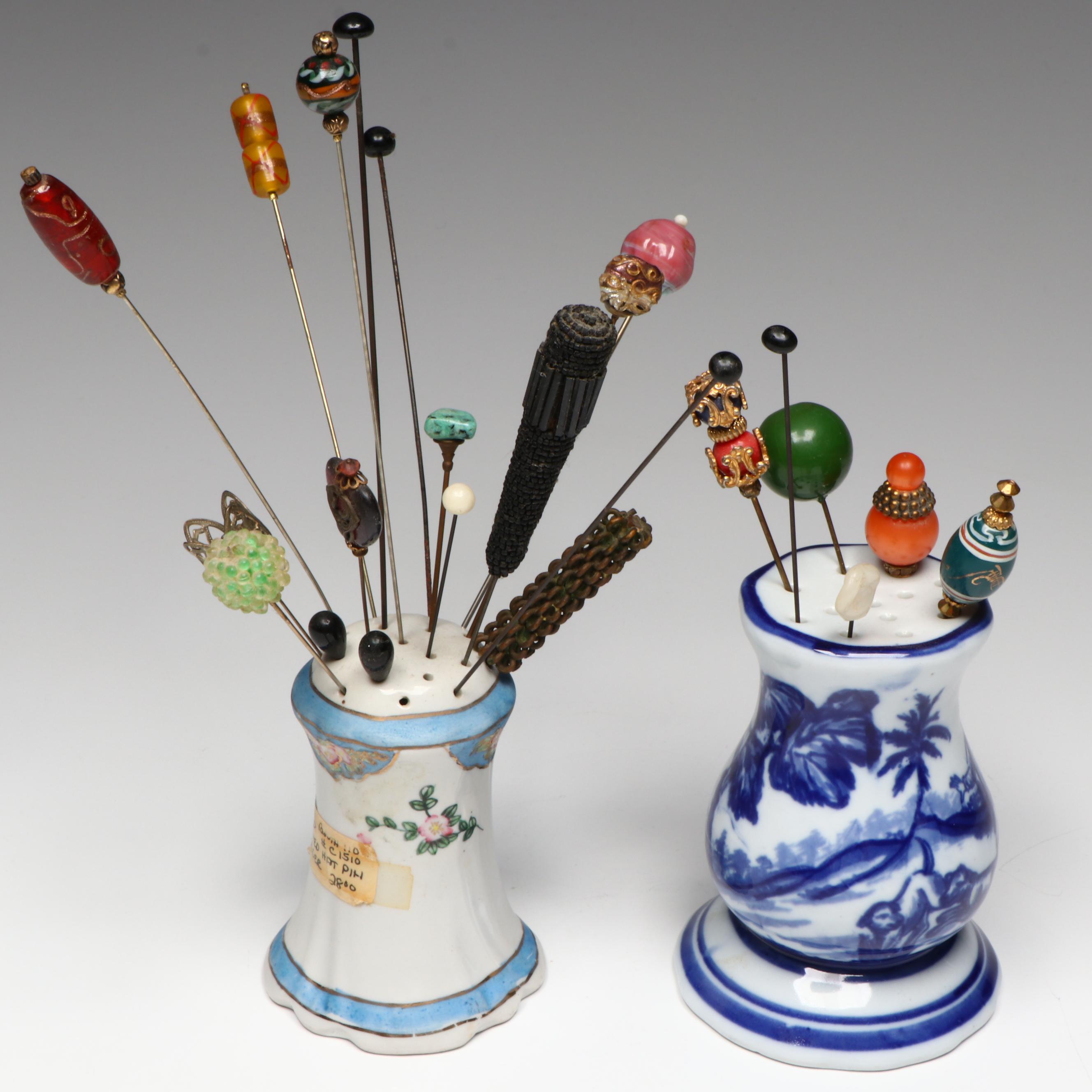 Porcelain and Ceramic Hat Pin Holders with Assortment of Pins