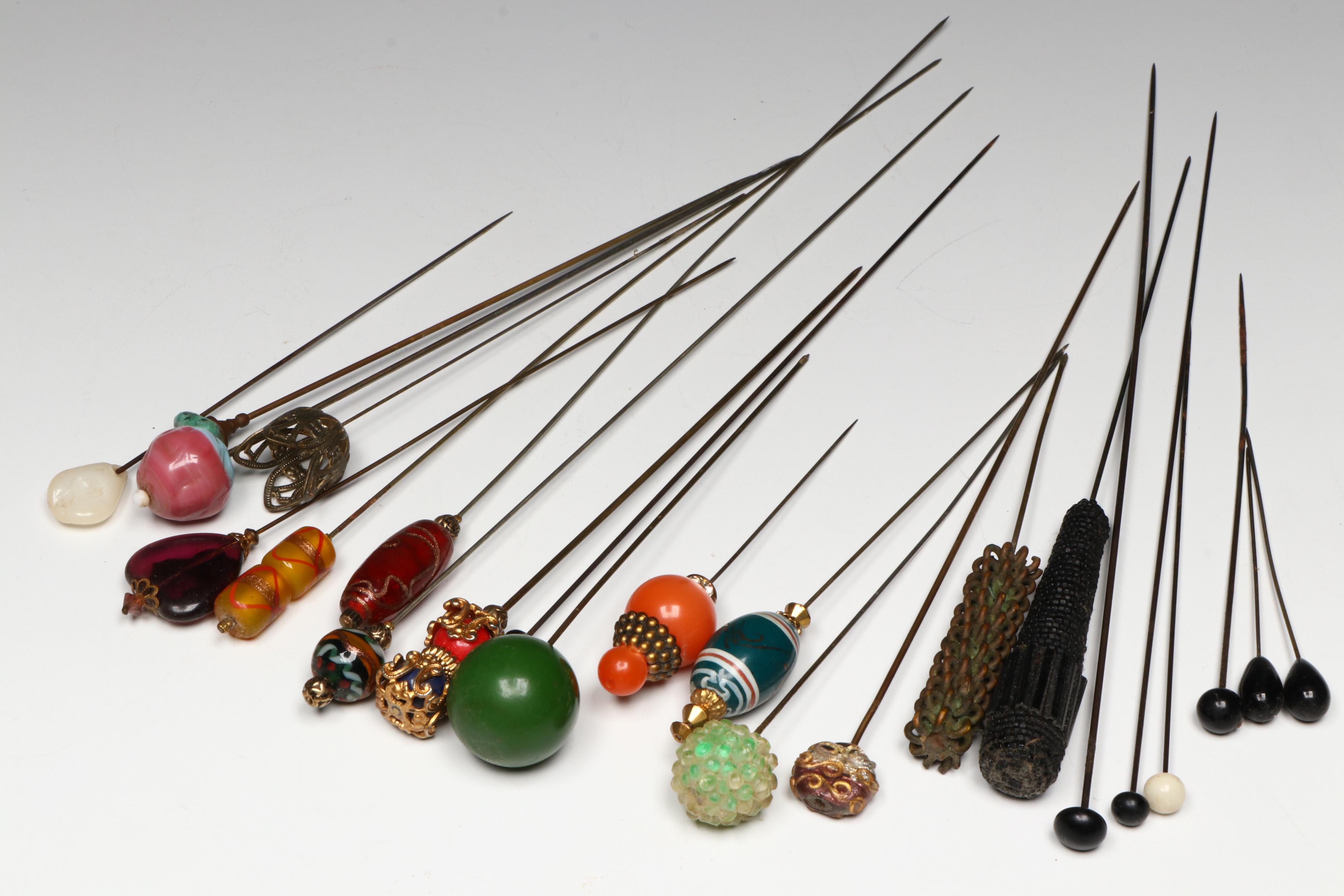 Porcelain and Ceramic Hat Pin Holders with Assortment of Pins