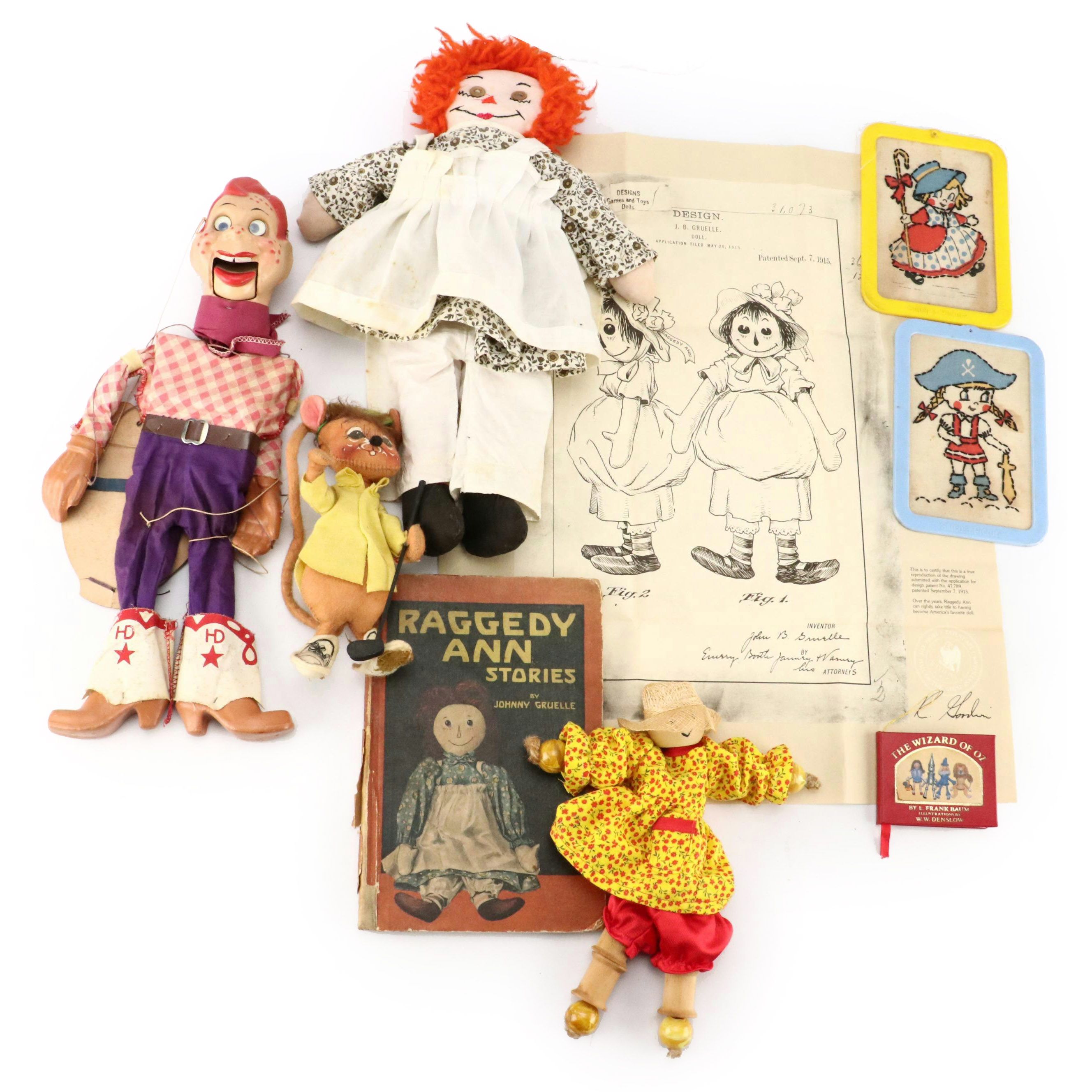 Howdy Doody and Raggedy Ann Dolls with Other Vintage Toys and Book