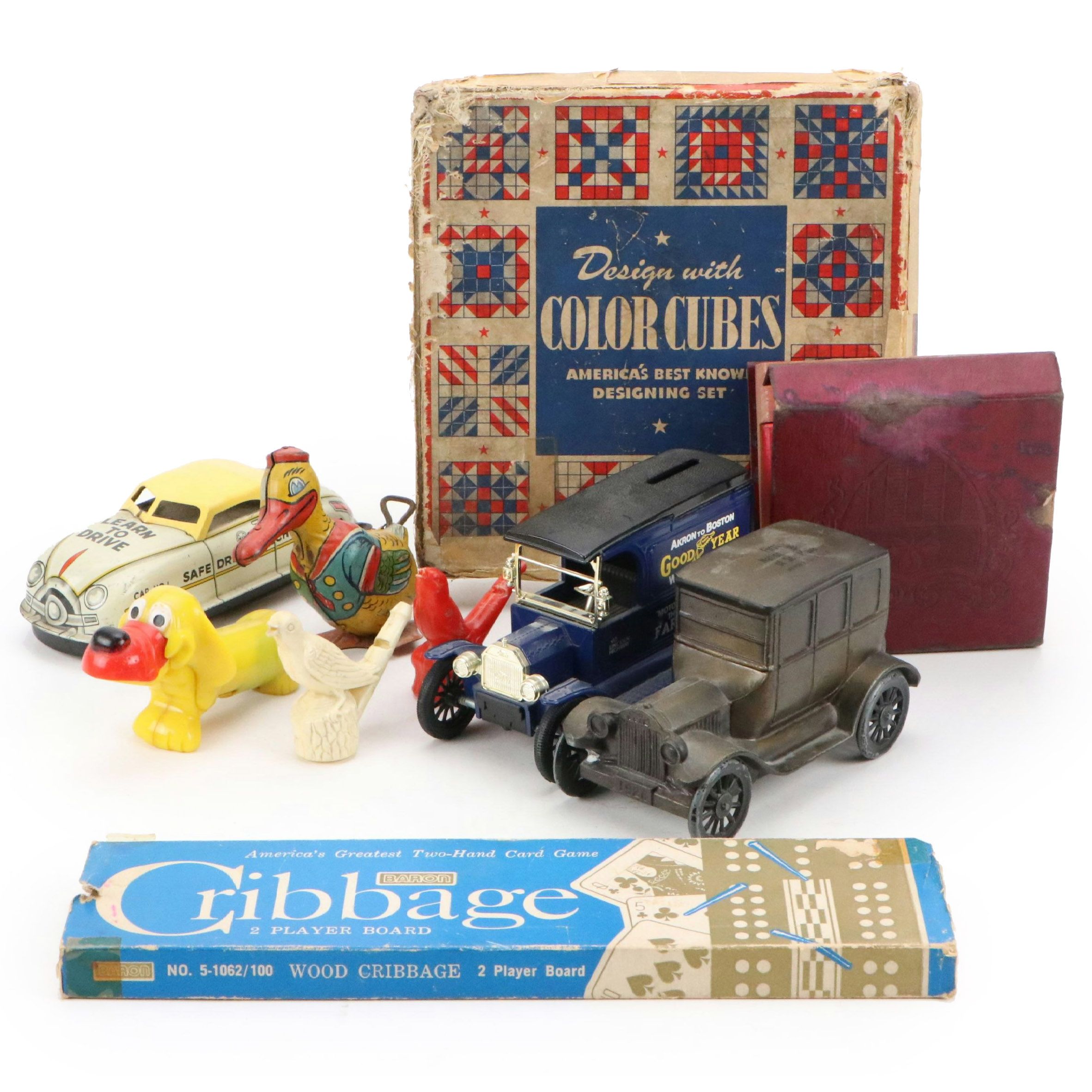 Collection of Vintage Board Games, Metal Vehicles and Other Toys, 20th C.