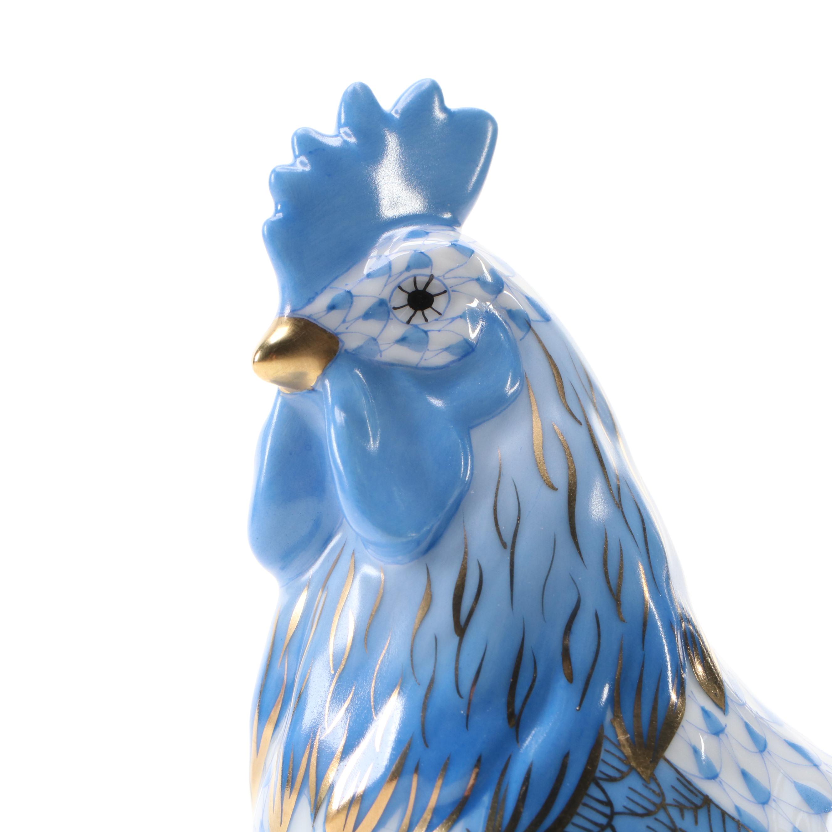 Herend Blue Fishnet with Gold "Proud Rooster" Porcelain Figurine