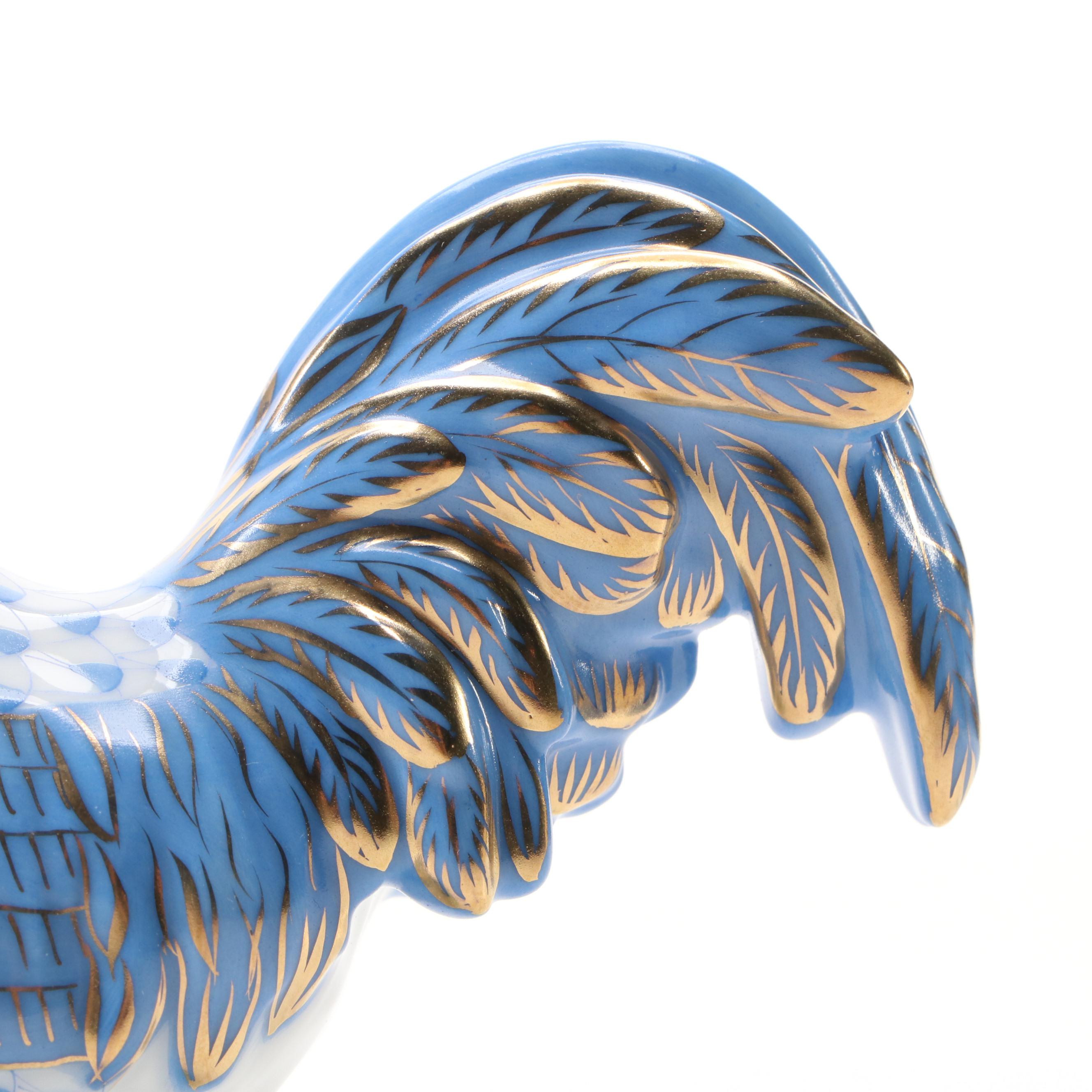 Herend Blue Fishnet with Gold "Proud Rooster" Porcelain Figurine