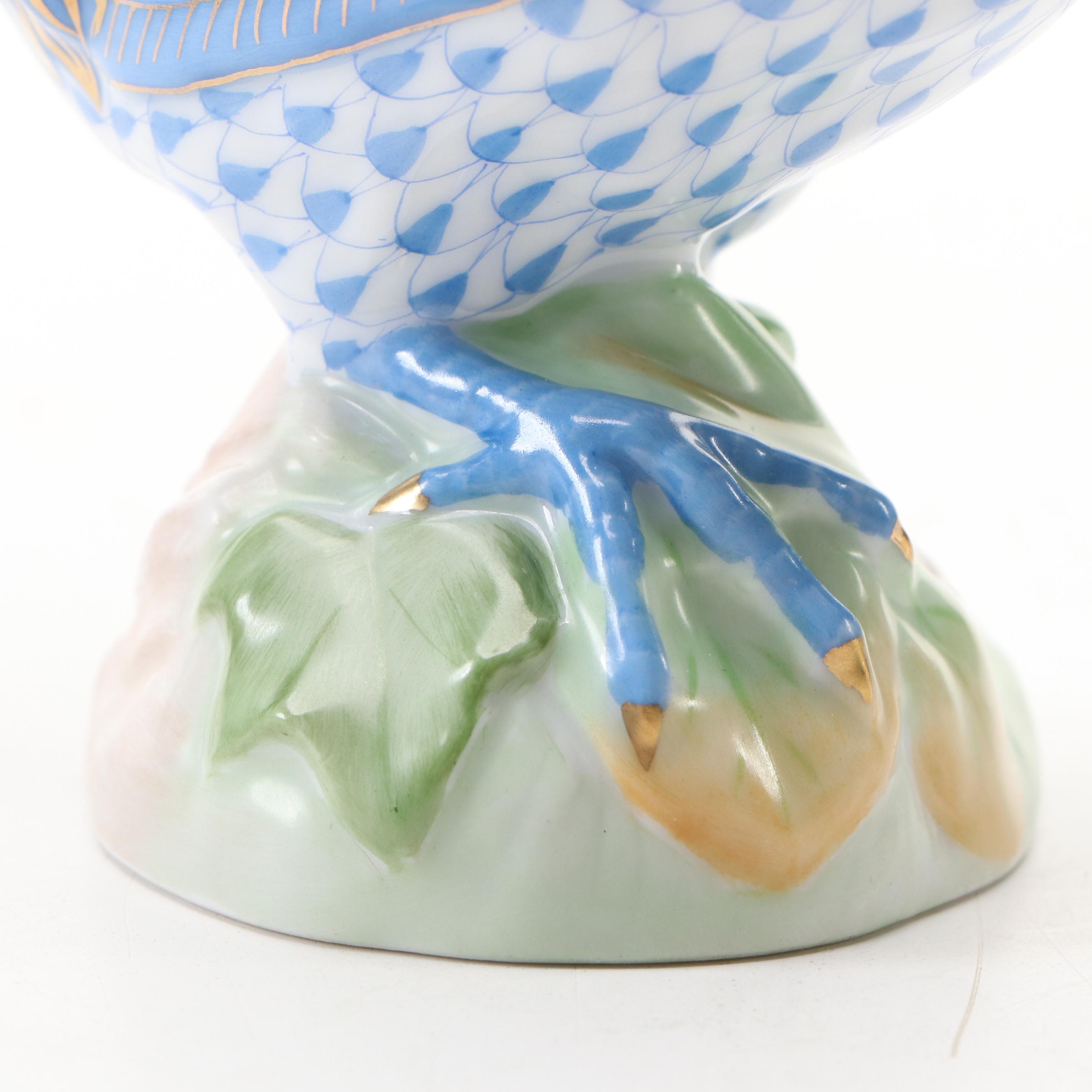 Herend Blue Fishnet with Gold "Proud Rooster" Porcelain Figurine