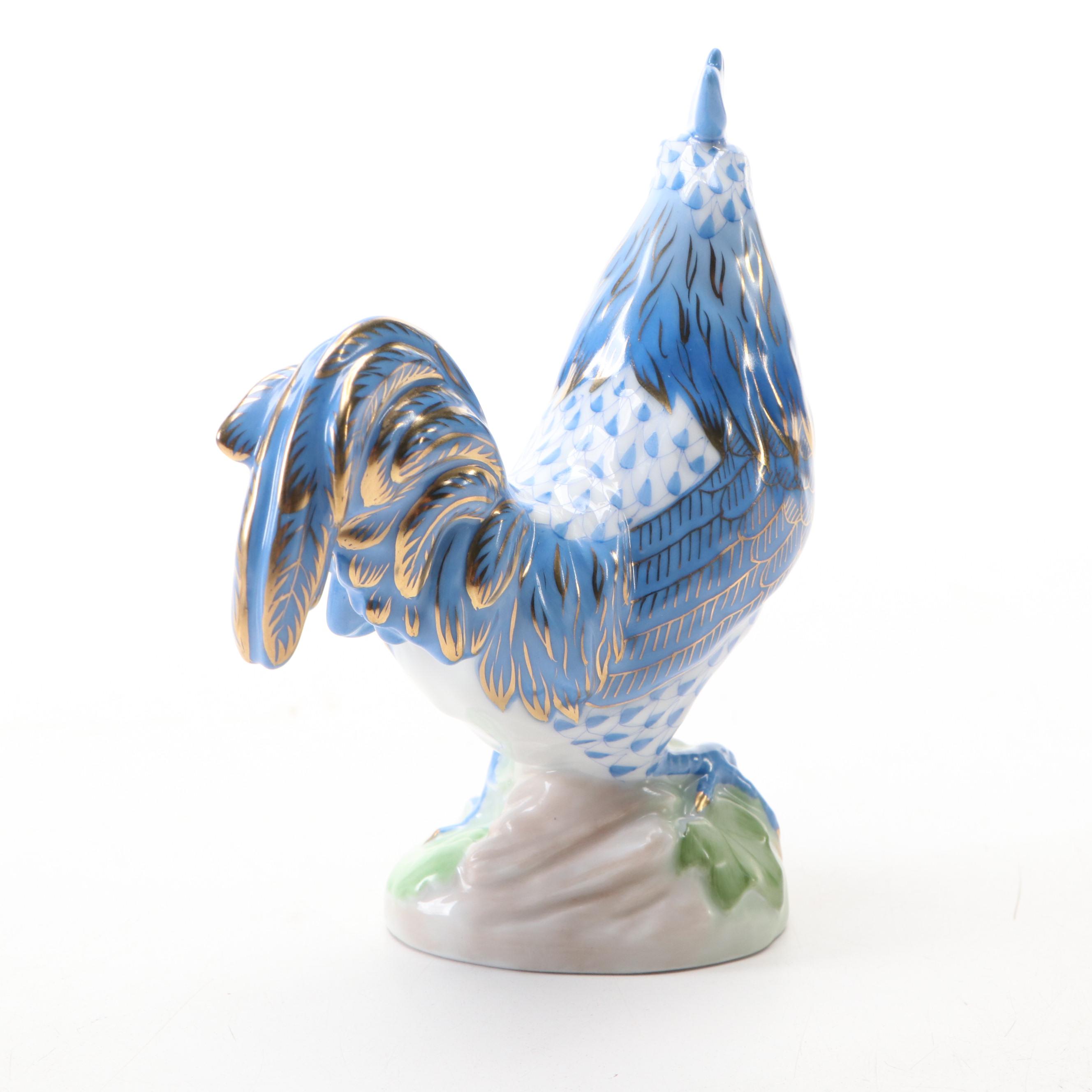 Herend Blue Fishnet with Gold "Proud Rooster" Porcelain Figurine