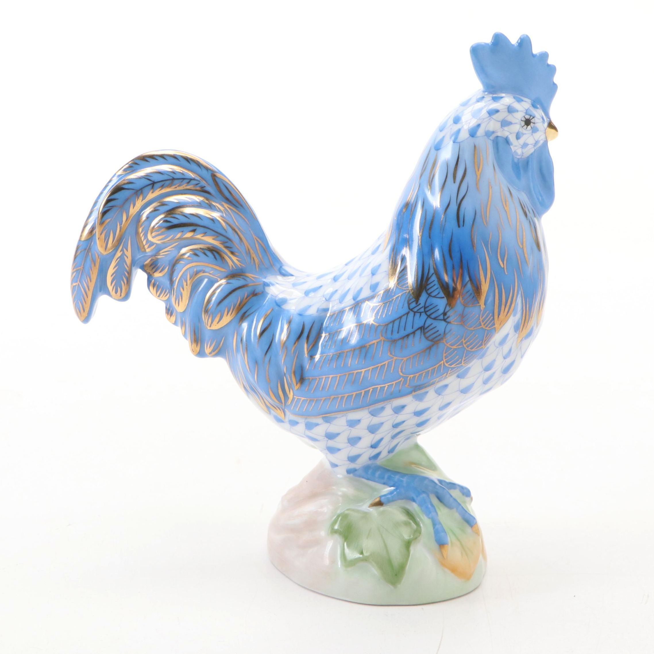 Herend Blue Fishnet with Gold "Proud Rooster" Porcelain Figurine