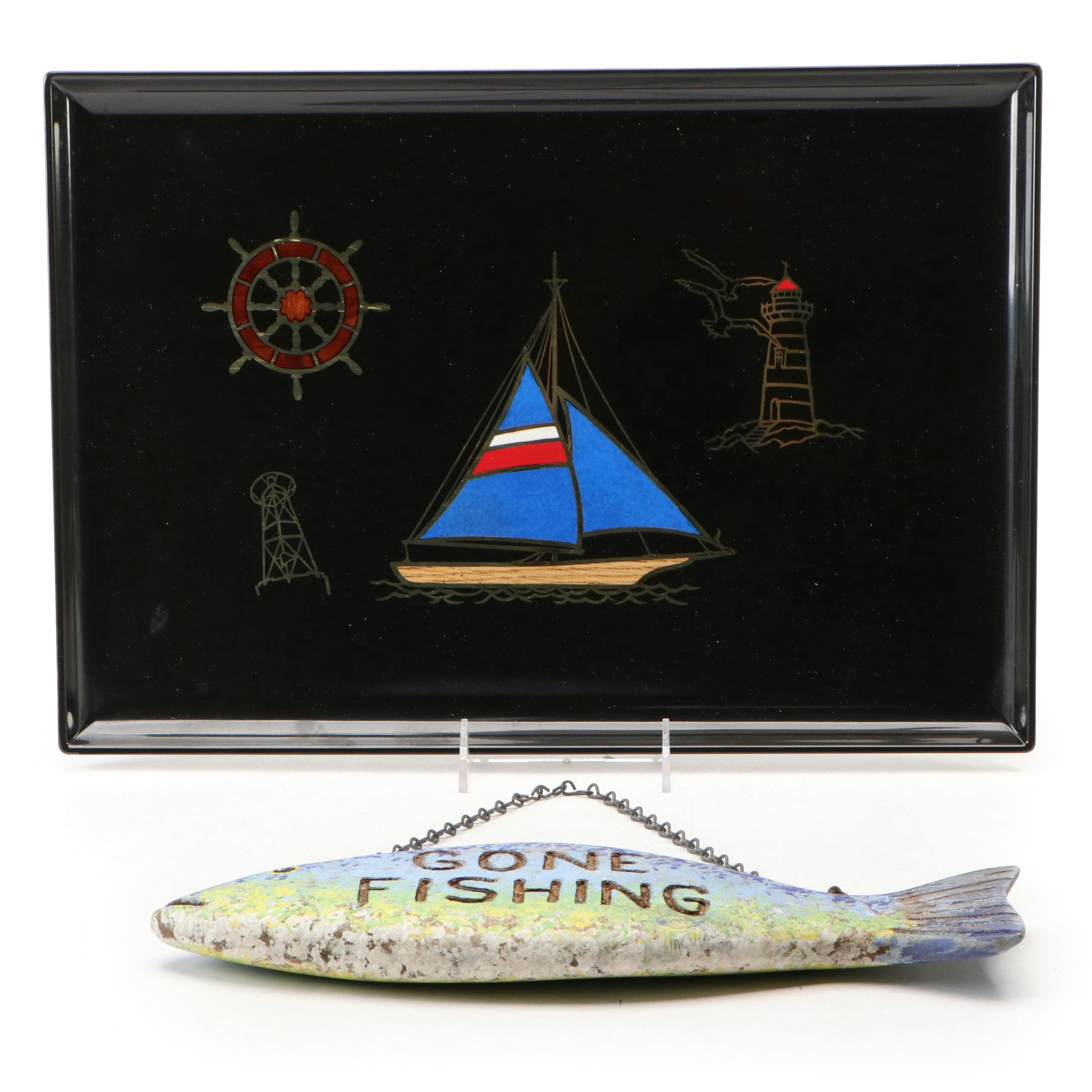 Hand-Painted Fish Sign with Couroc Gilt Sailboat Tray